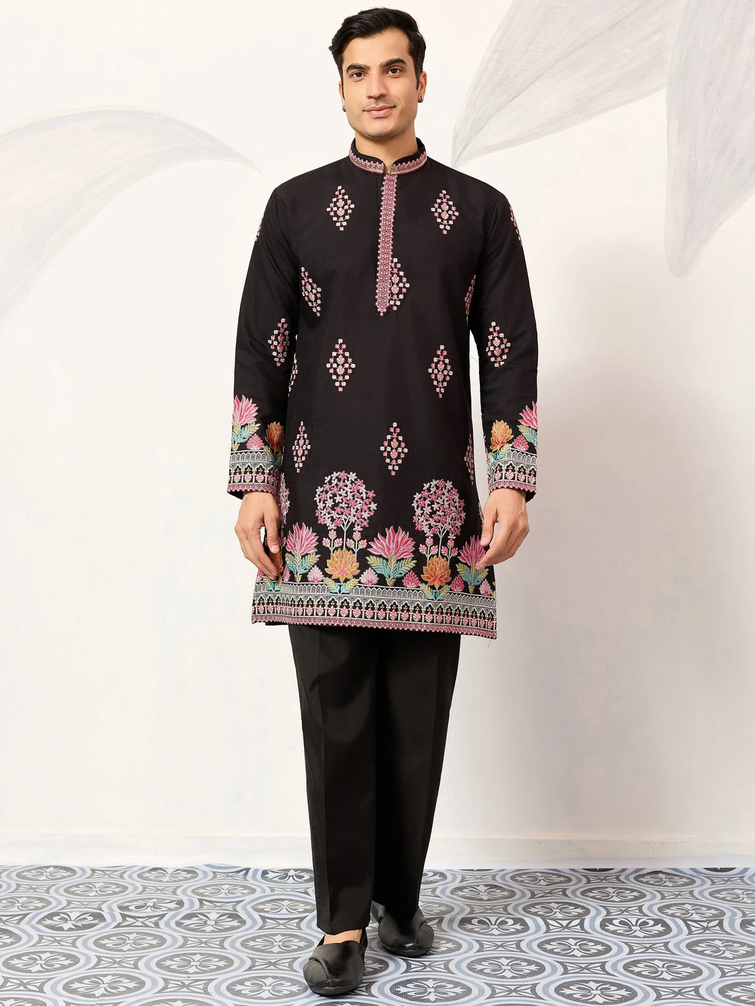 Fabulous Black Embroidered Viscose Silk Evening Wear Men's Kurta