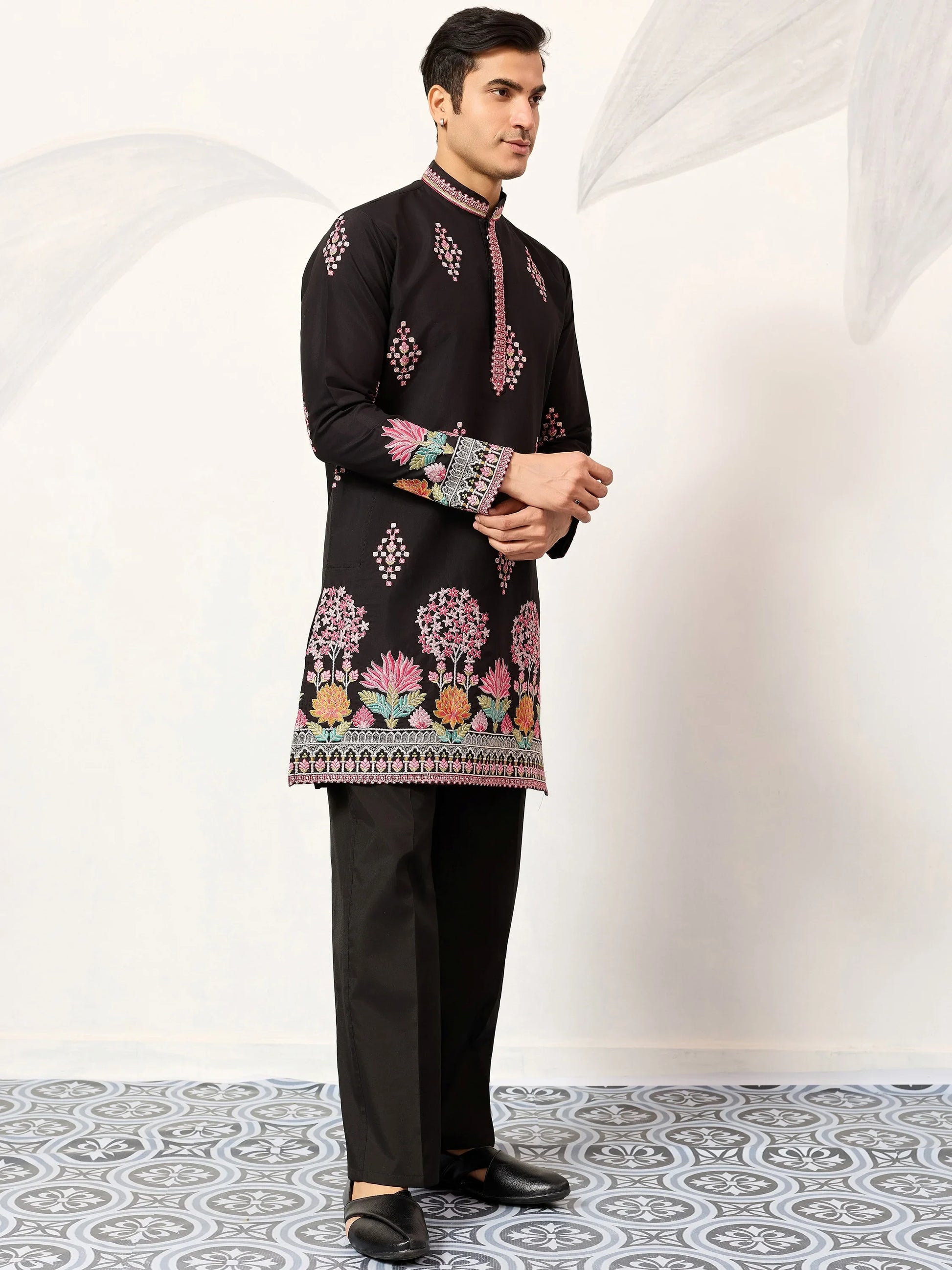 Fabulous Black Embroidered Viscose Silk Evening Wear Men's Kurta