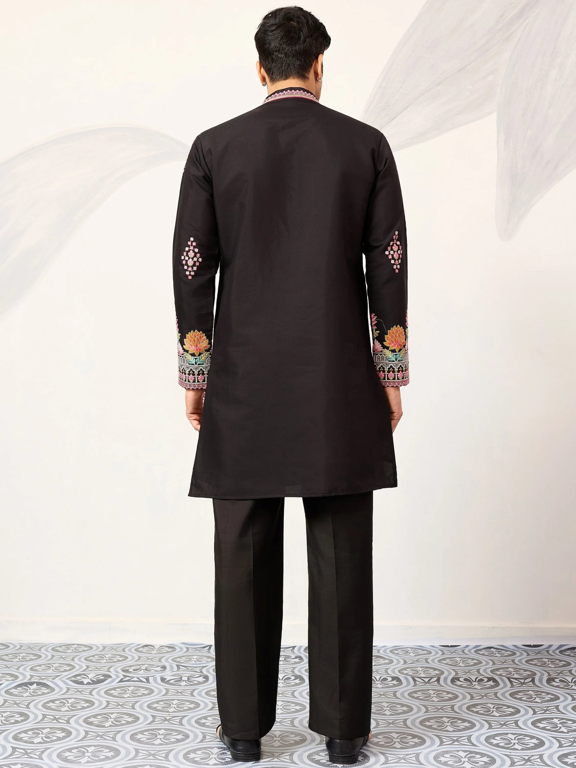 Fabulous Black Embroidered Viscose Silk Evening Wear Men's Kurta
