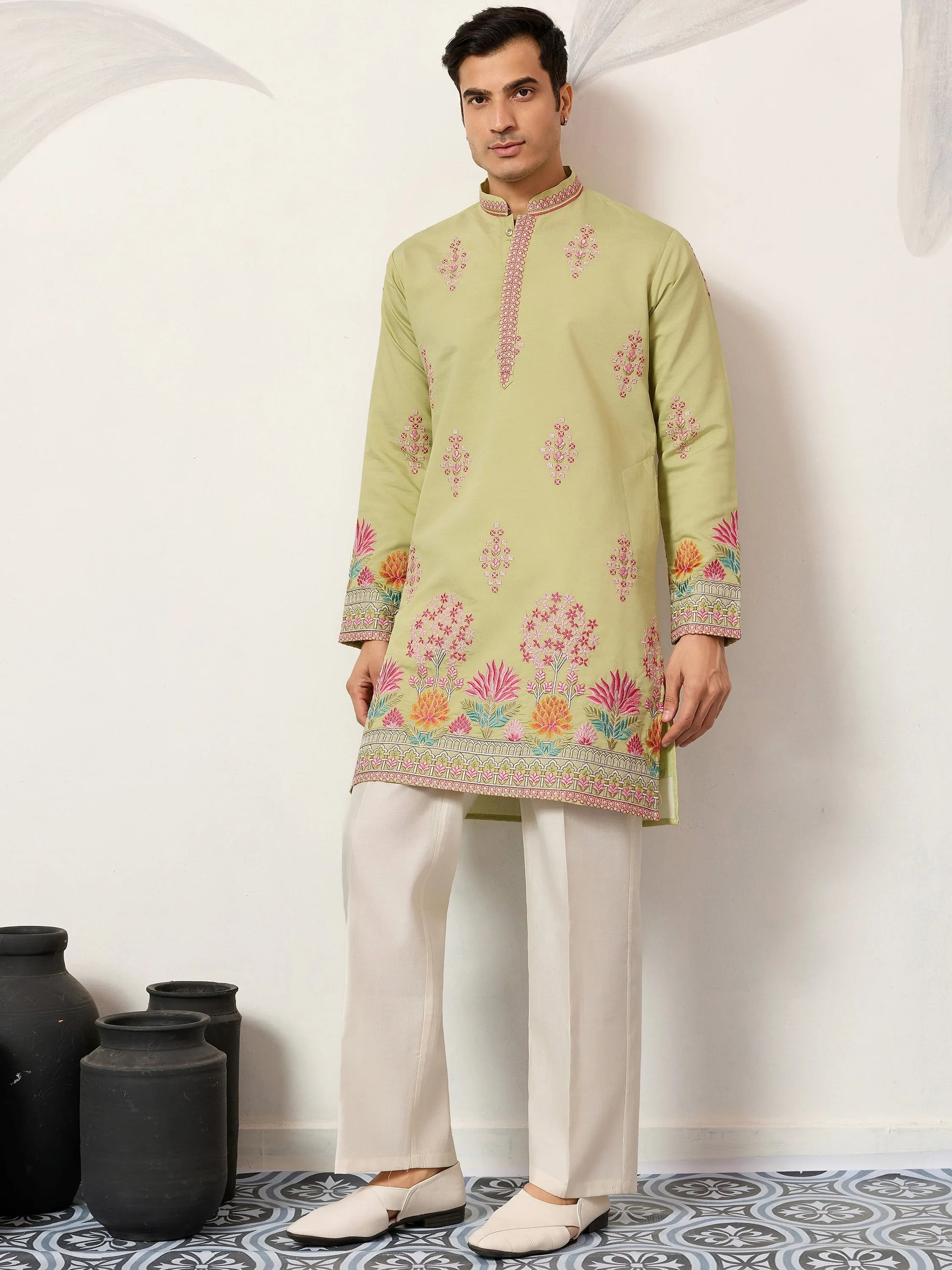 Elegant Pista Green Multi Thread Work Viscose Silk Event Wear Men's Kurta