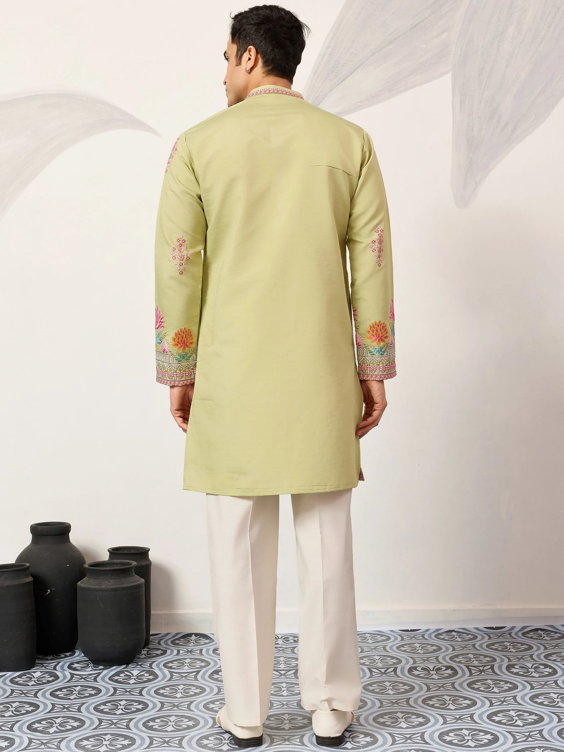 Elegant Pista Green Multi Thread Work Viscose Silk Event Wear Men's Kurta