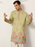 Elegant Pista Green Multi Thread Work Viscose Silk Event Wear Men's Kurta