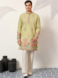 Elegant Pista Green Multi Thread Work Viscose Silk Event Wear Men's Kurta