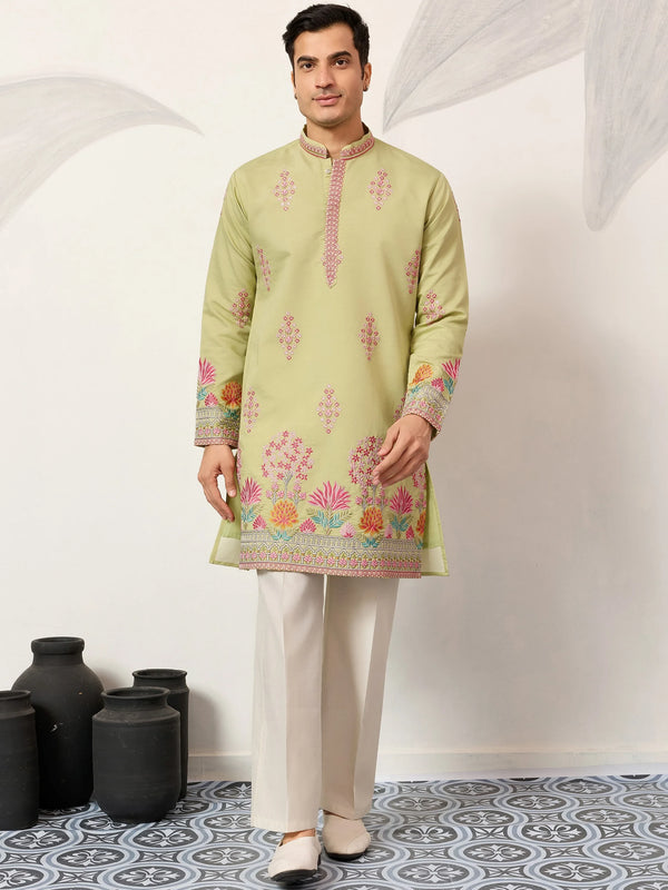 Elegant Pista Green Multi Thread Work Viscose Silk Event Wear Men's Kurta
