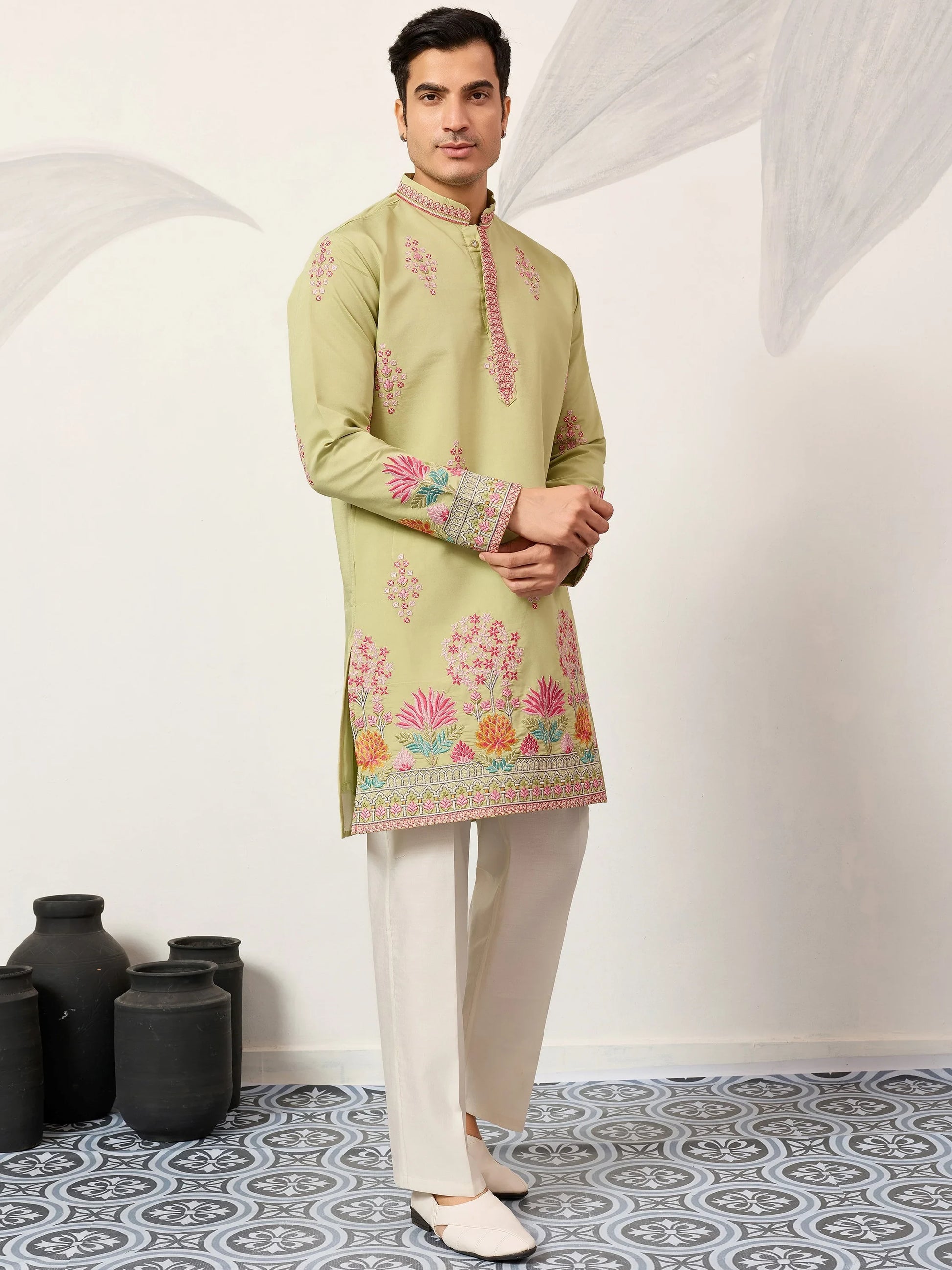 Elegant Pista Green Multi Thread Work Viscose Silk Event Wear Men's Kurta