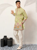 Elegant Pista Green Multi Thread Work Viscose Silk Event Wear Men's Kurta