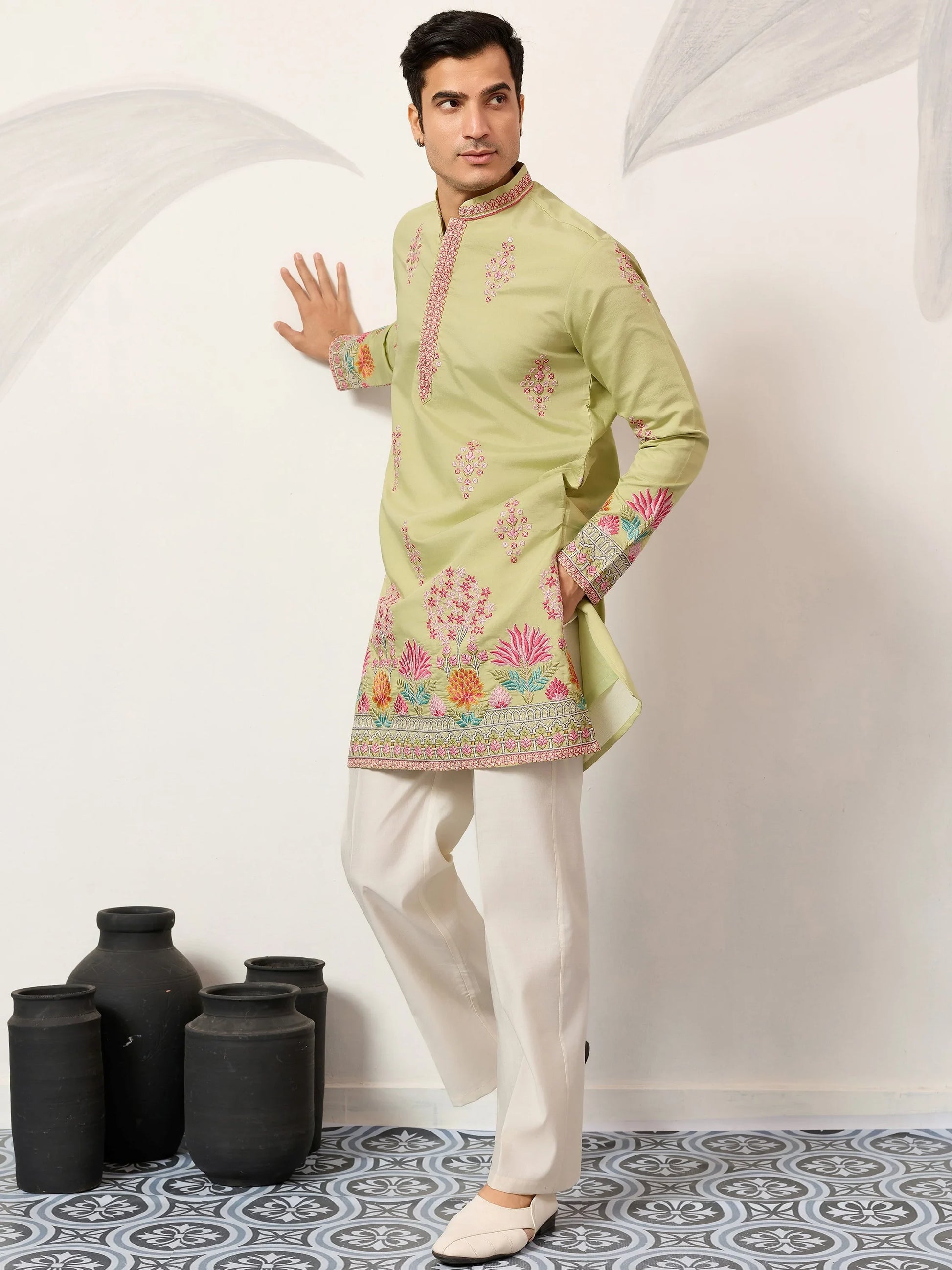 Elegant Pista Green Multi Thread Work Viscose Silk Event Wear Men's Kurta