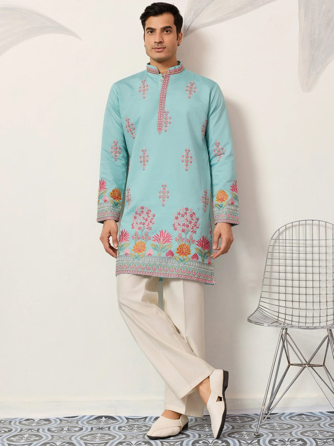 Glorious Sky Blue Multi Thread Work Viscose Silk Festive Wear Men's Kurta