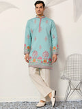 Glorious Sky Blue Multi Thread Work Viscose Silk Festive Wear Men's Kurta