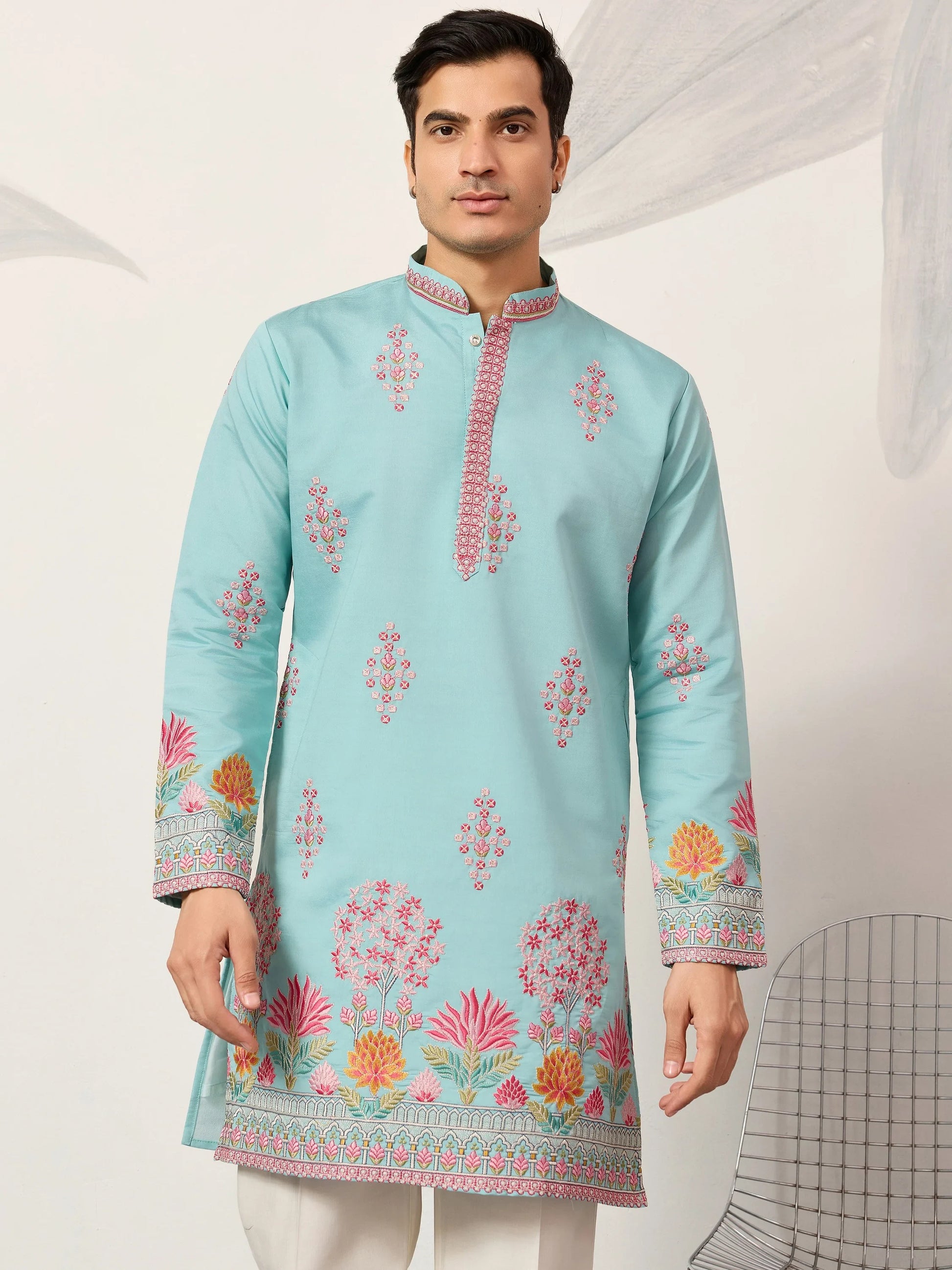 Glorious Sky Blue Multi Thread Work Viscose Silk Festive Wear Men's Kurta