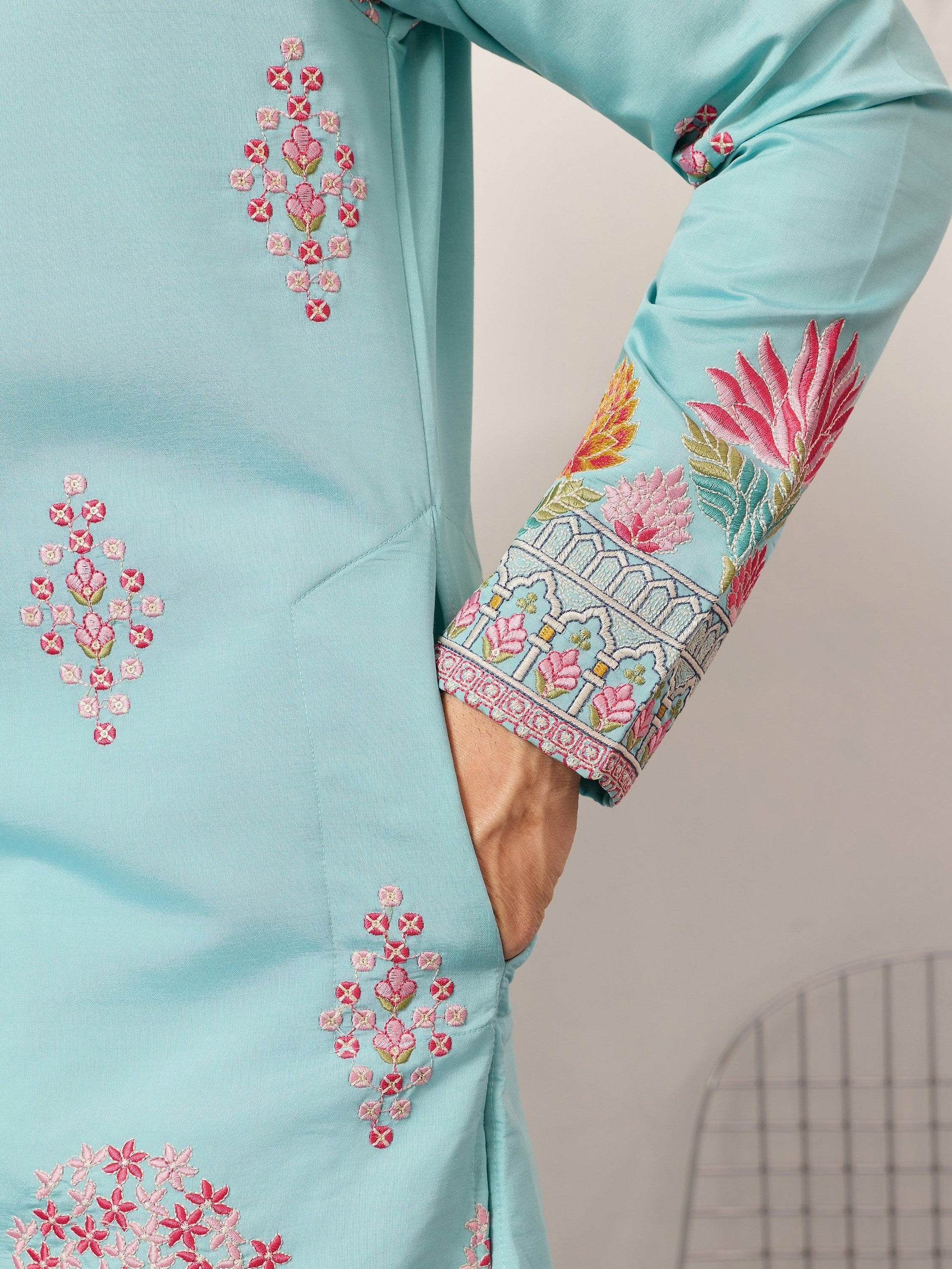 Glorious Sky Blue Multi Thread Work Viscose Silk Festive Wear Men's Kurta