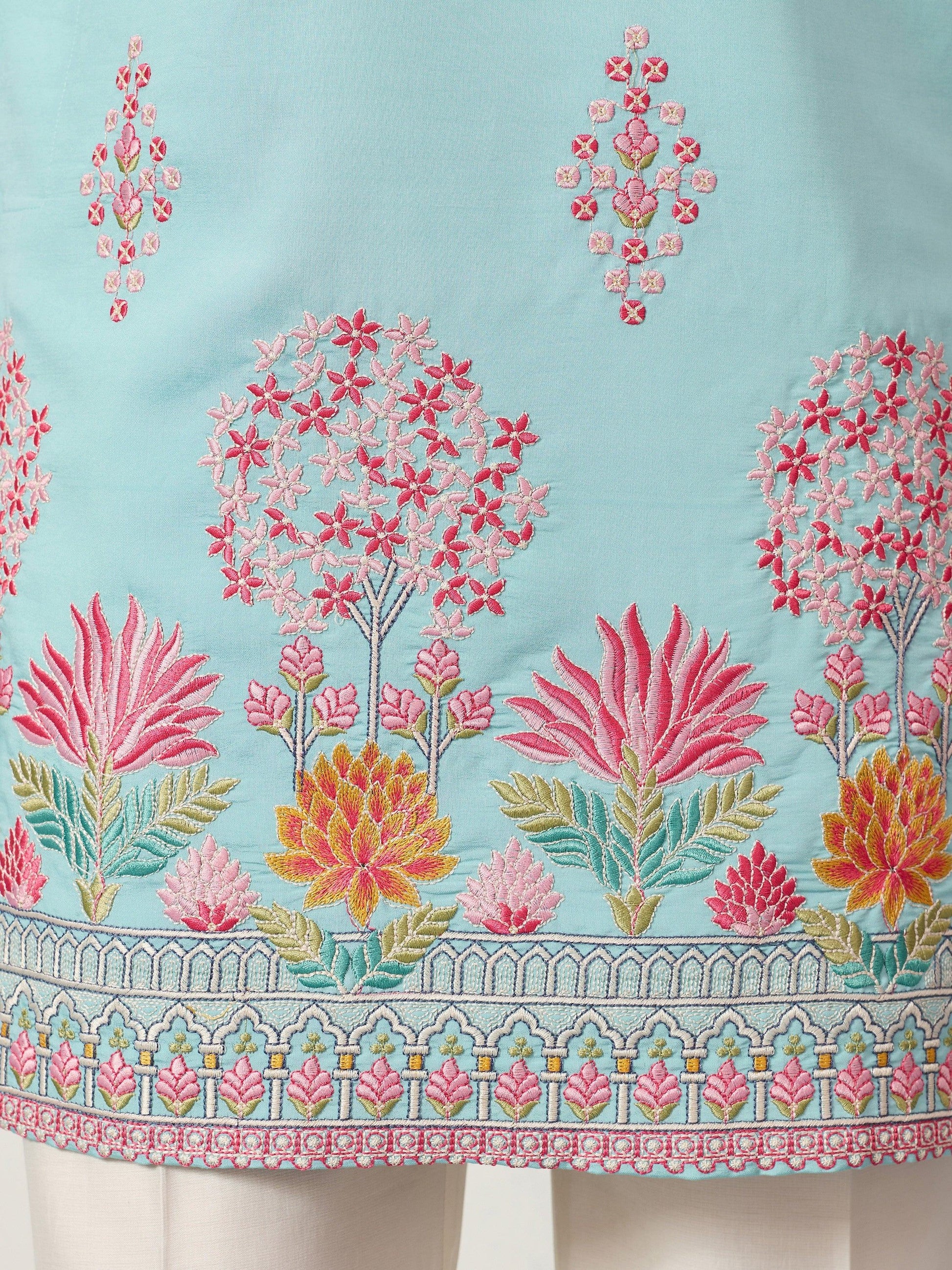 Glorious Sky Blue Multi Thread Work Viscose Silk Festive Wear Men's Kurta