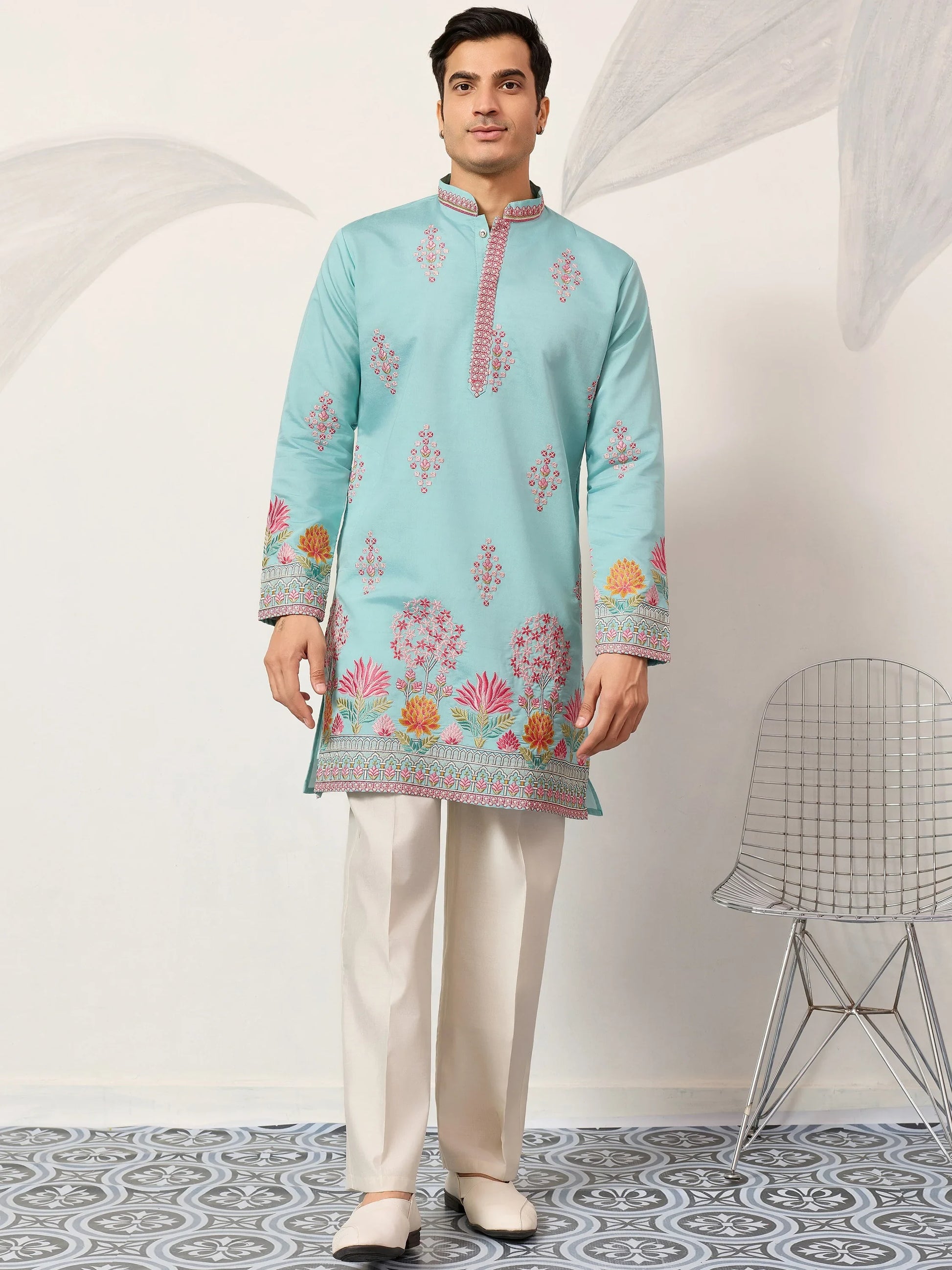 Glorious Sky Blue Multi Thread Work Viscose Silk Festive Wear Men's Kurta