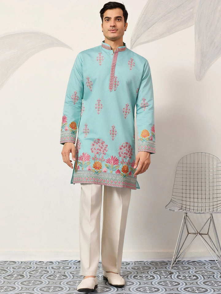 Glorious Sky Blue Multi Thread Work Viscose Silk Festive Wear Men's Kurta