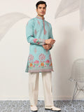 Glorious Sky Blue Multi Thread Work Viscose Silk Festive Wear Men's Kurta