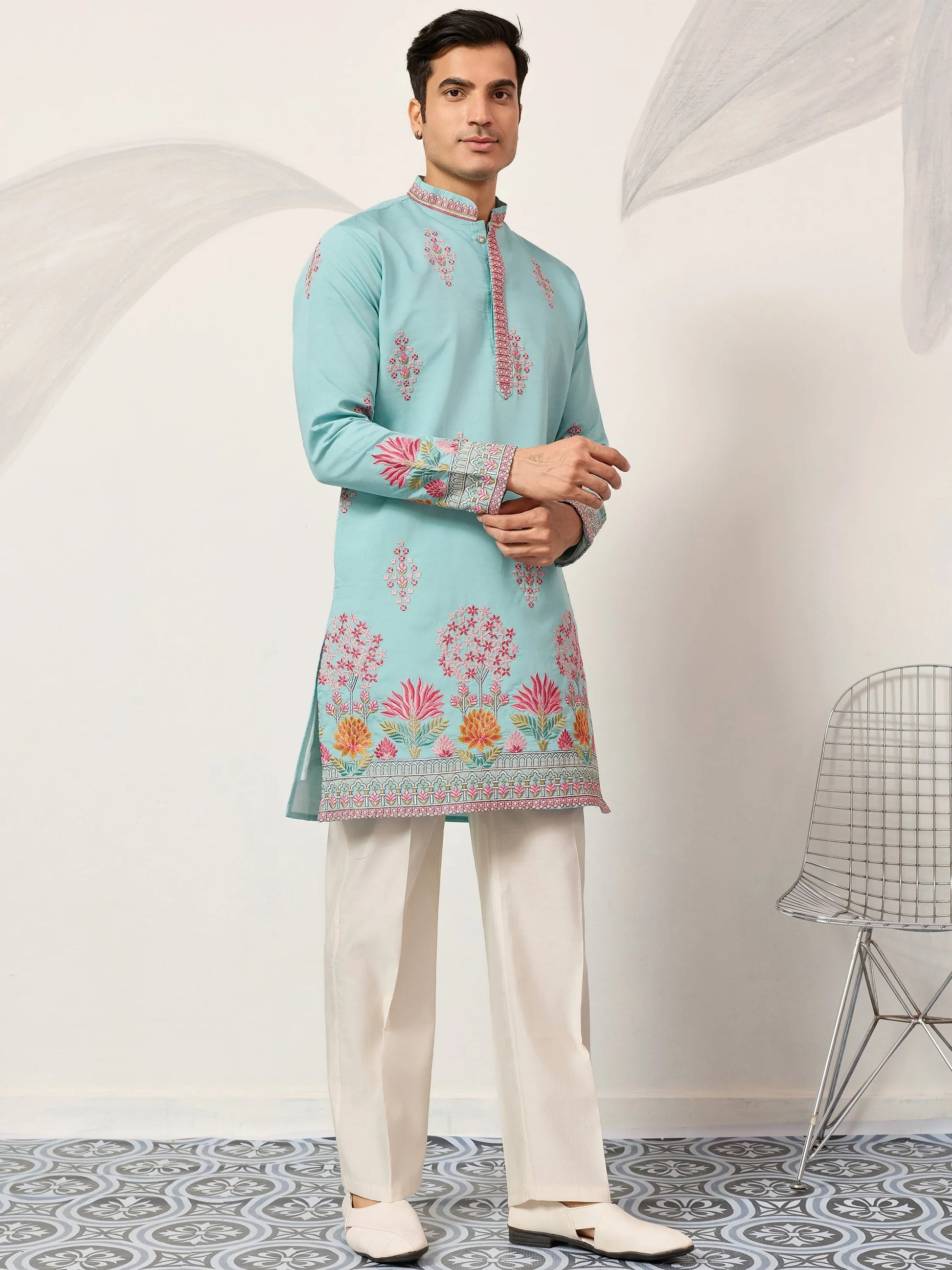 Glorious Sky Blue Multi Thread Work Viscose Silk Festive Wear Men's Kurta