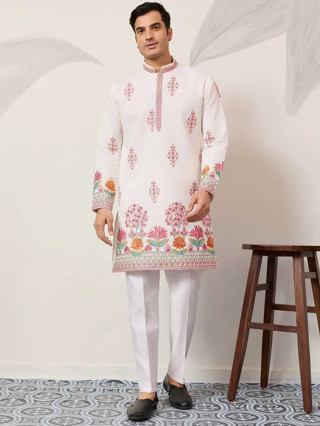 Fantastic White Sequins Work Viscose Silk Function Wear Men's Kurta