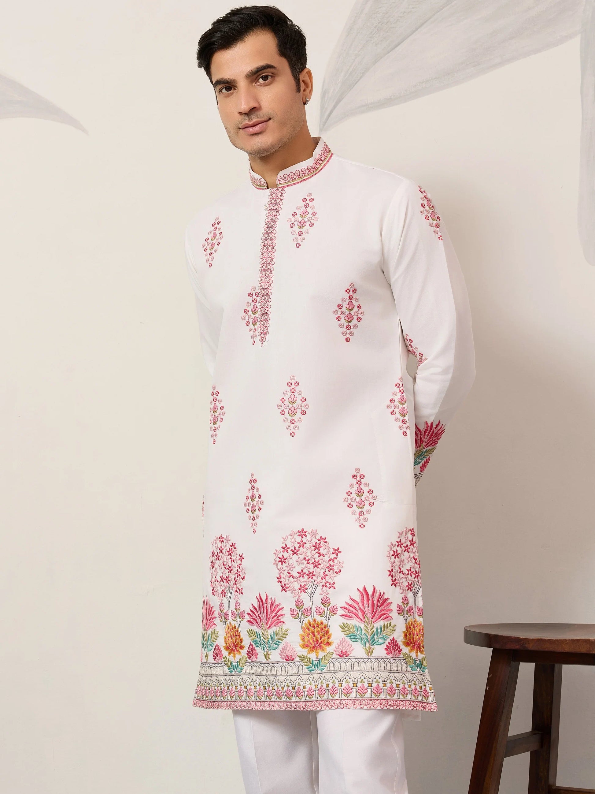Fantastic White Sequins Work Viscose Silk Function Wear Men's Kurta