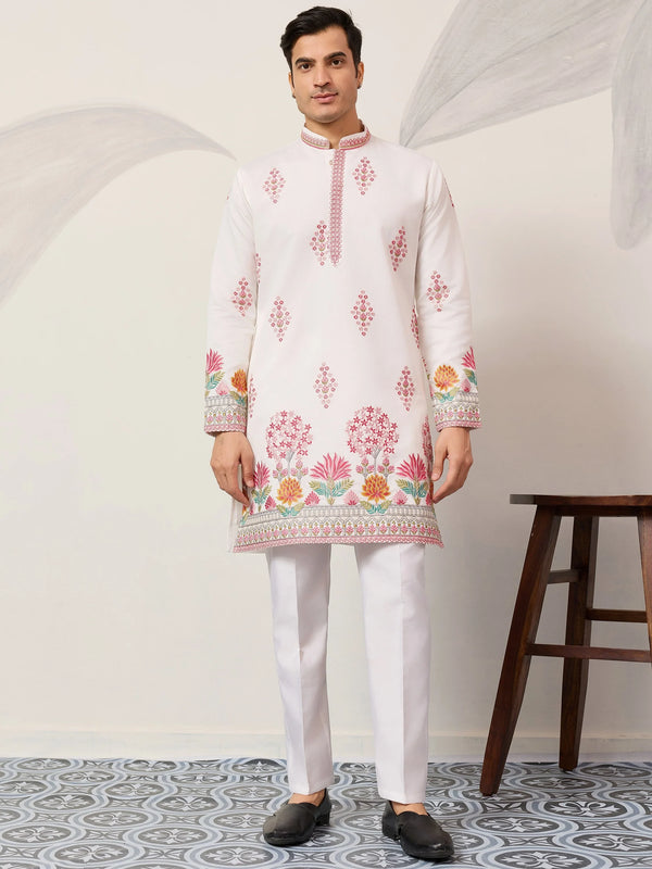 Fantastic White Sequins Work Viscose Silk Function Wear Men's Kurta