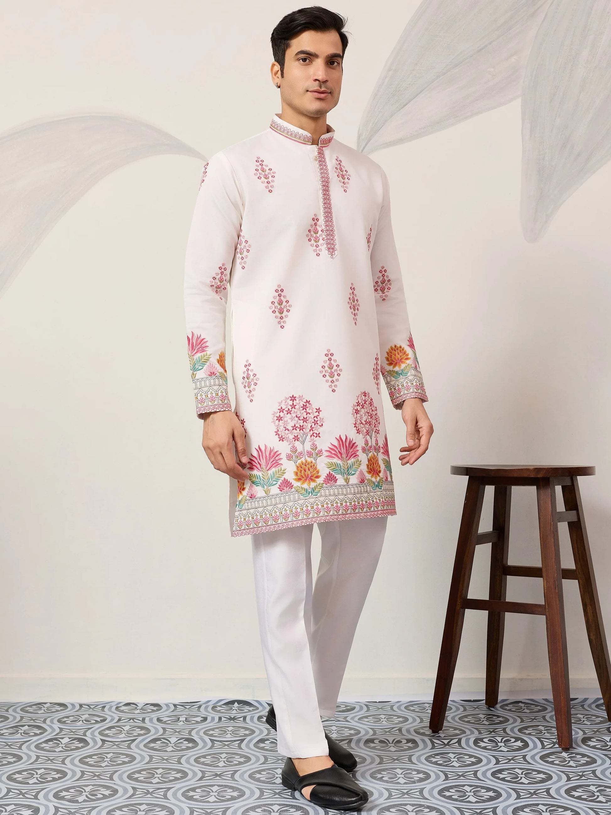 Fantastic White Sequins Work Viscose Silk Function Wear Men's Kurta