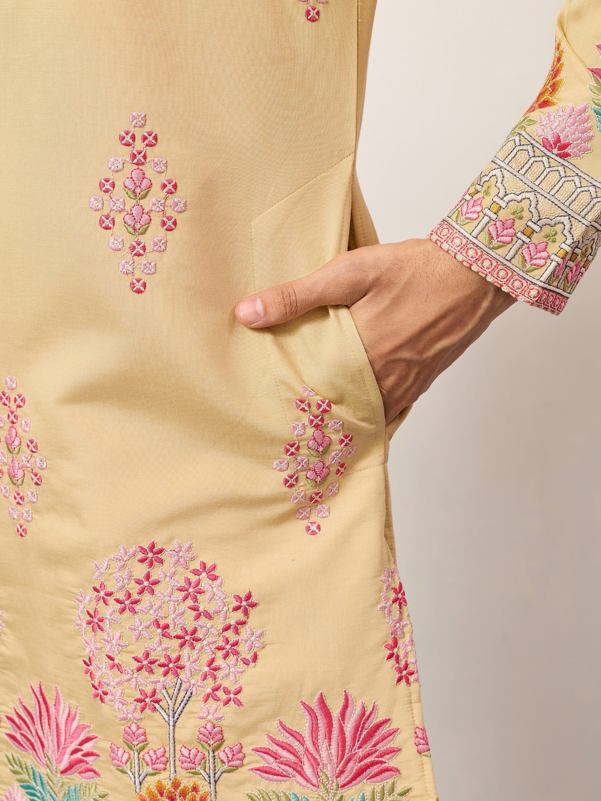 Dazzling Yellow Sequins Viscose Silk Haldi Wear Men's Kurta