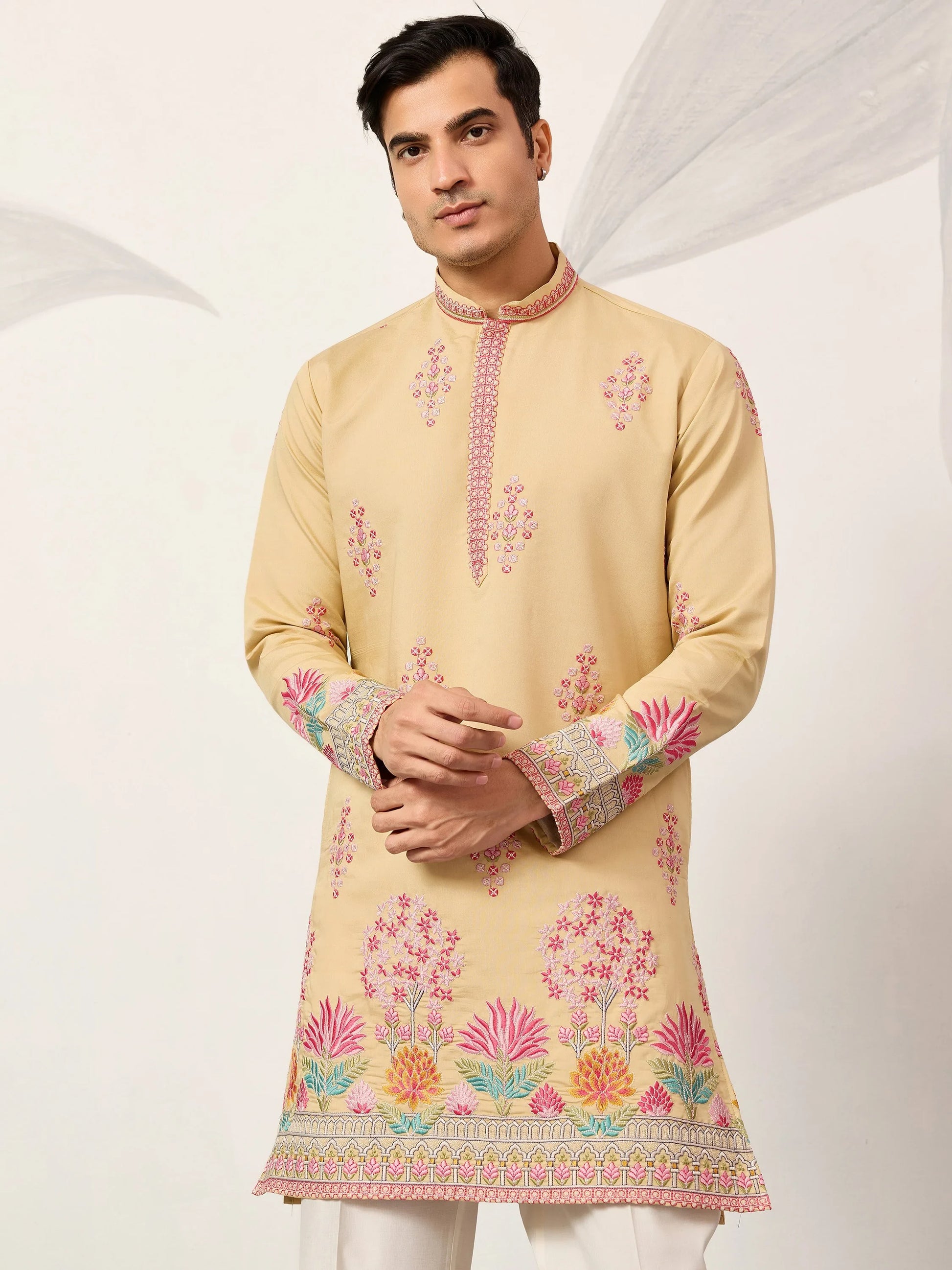 Dazzling Yellow Sequins Viscose Silk Haldi Wear Men's Kurta