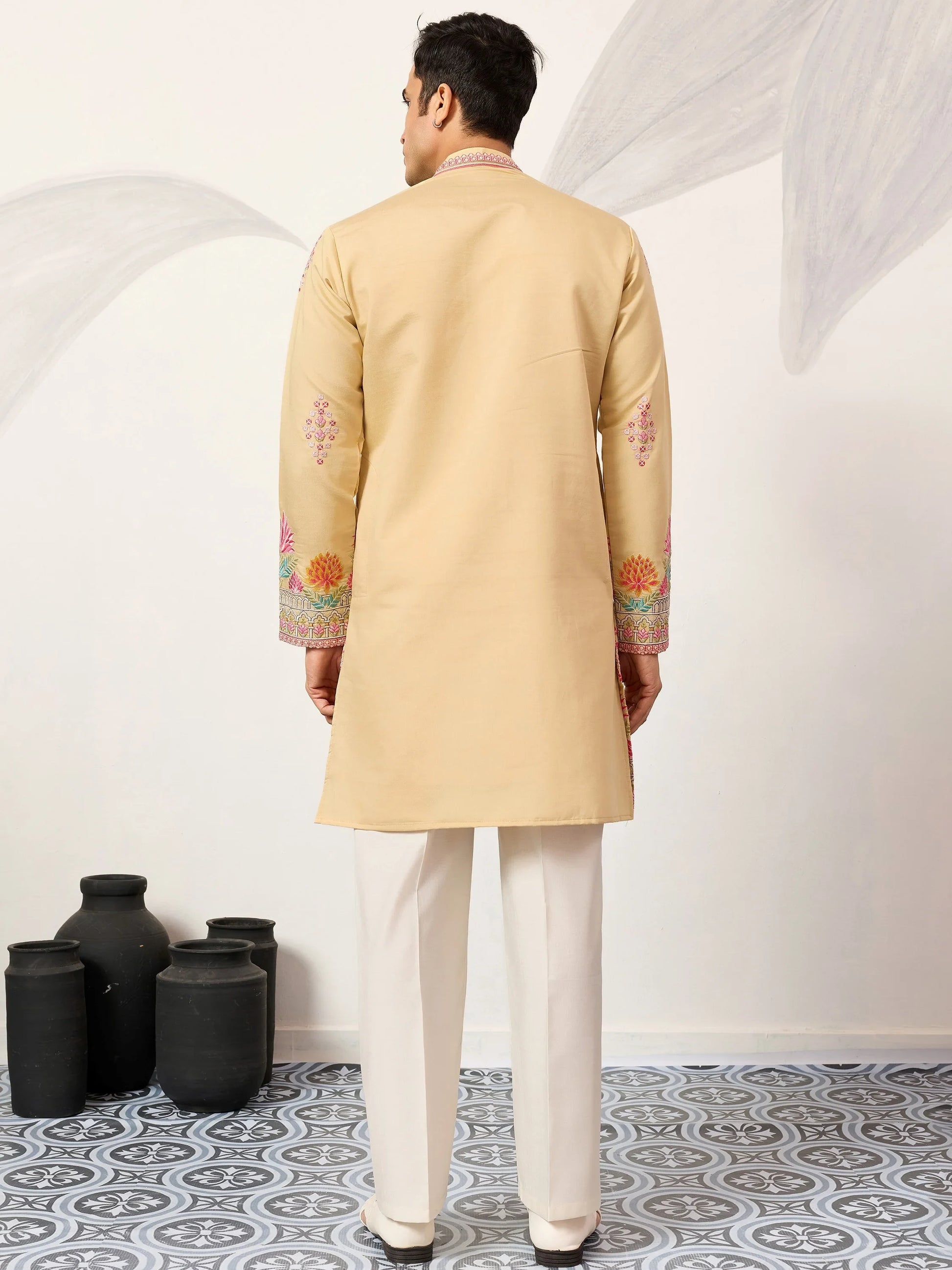 Dazzling Yellow Sequins Viscose Silk Haldi Wear Men's Kurta