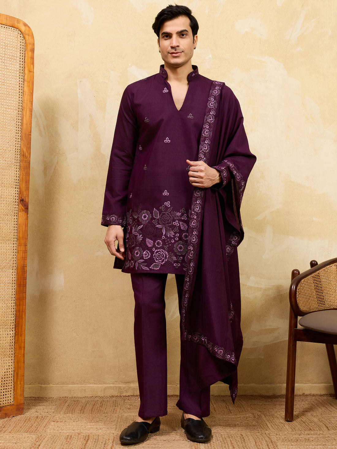 Aesthetic Maroon Embroidered Viscose Silk Reception Wear Men's Kurta With Dupatta