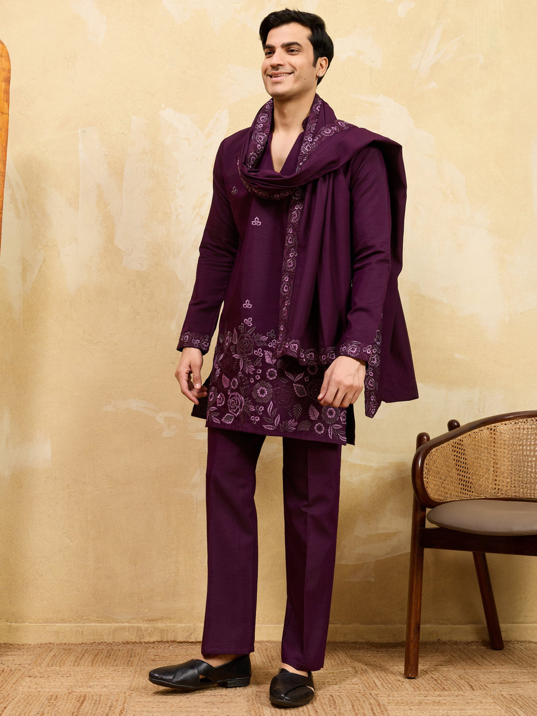 Aesthetic Maroon Embroidered Viscose Silk Reception Wear Men's Kurta With Dupatta