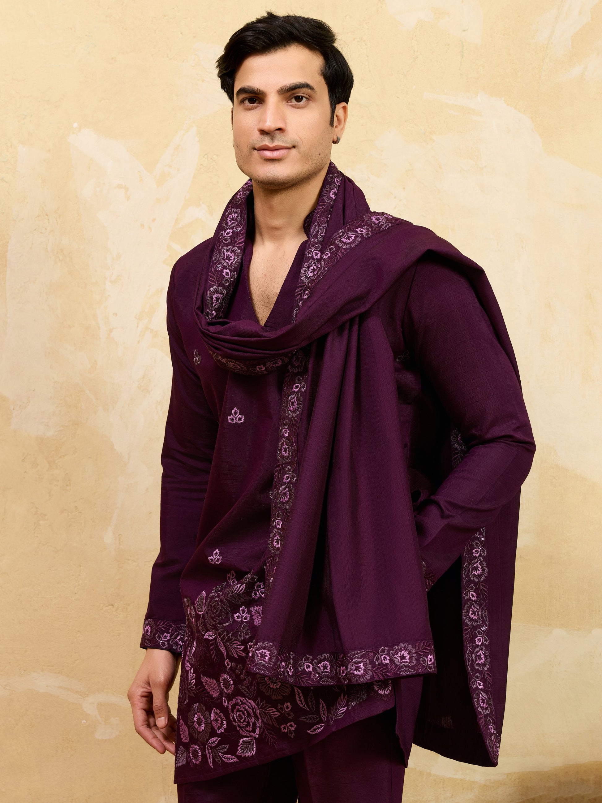 Aesthetic Maroon Embroidered Viscose Silk Reception Wear Men's Kurta With Dupatta