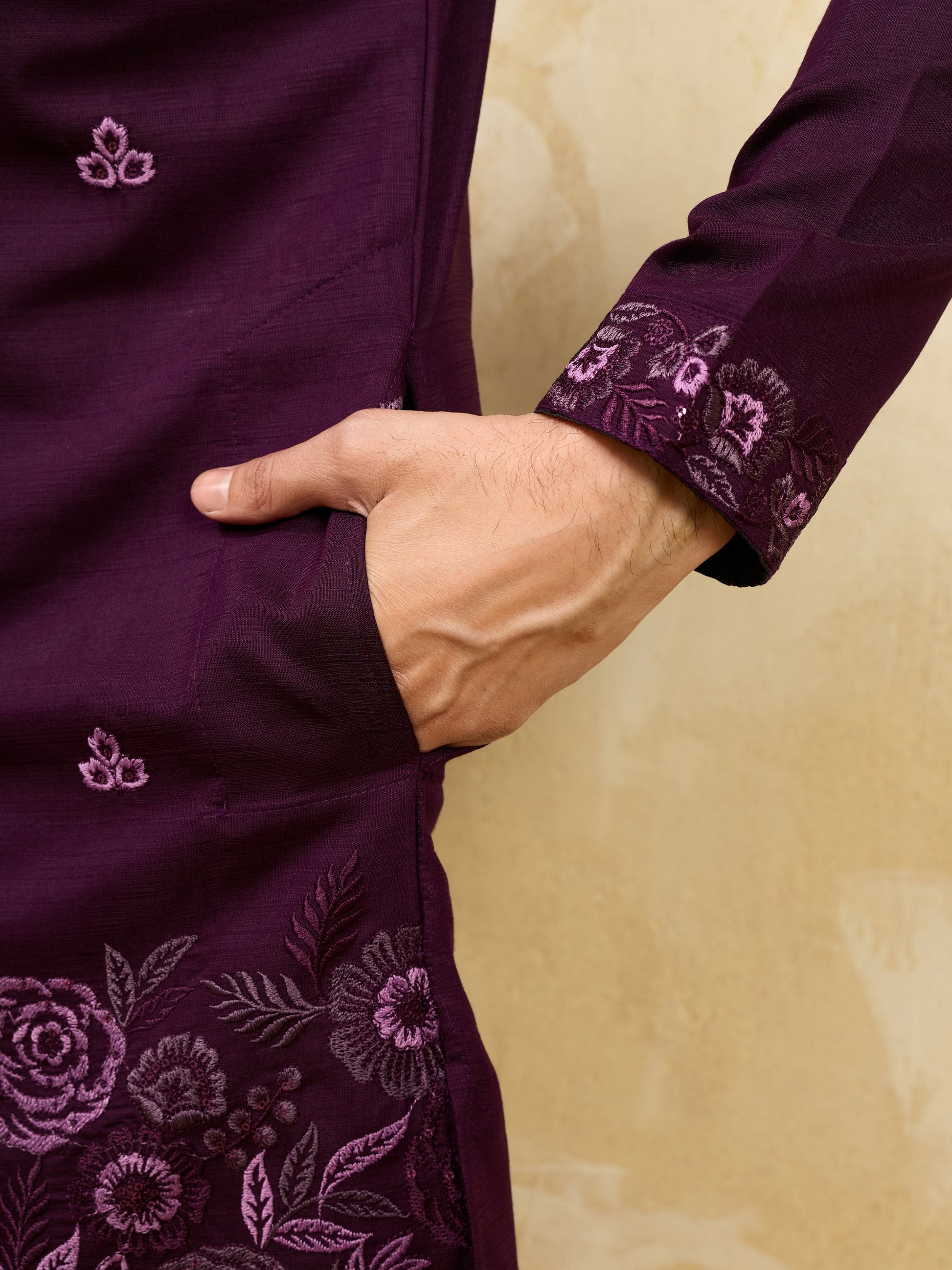 Aesthetic Maroon Embroidered Viscose Silk Reception Wear Men's Kurta With Dupatta