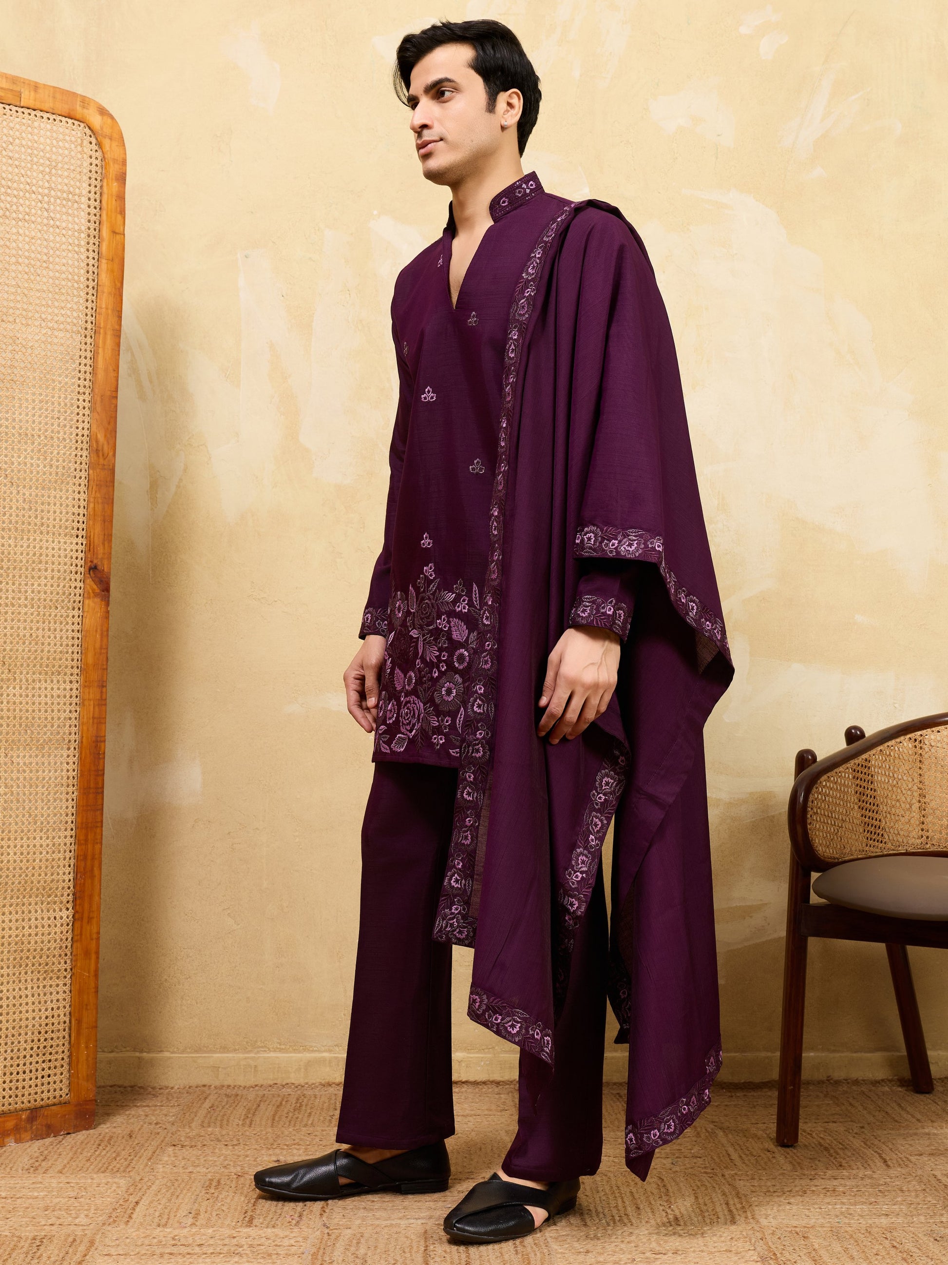 Aesthetic Maroon Embroidered Viscose Silk Reception Wear Men's Kurta With Dupatta