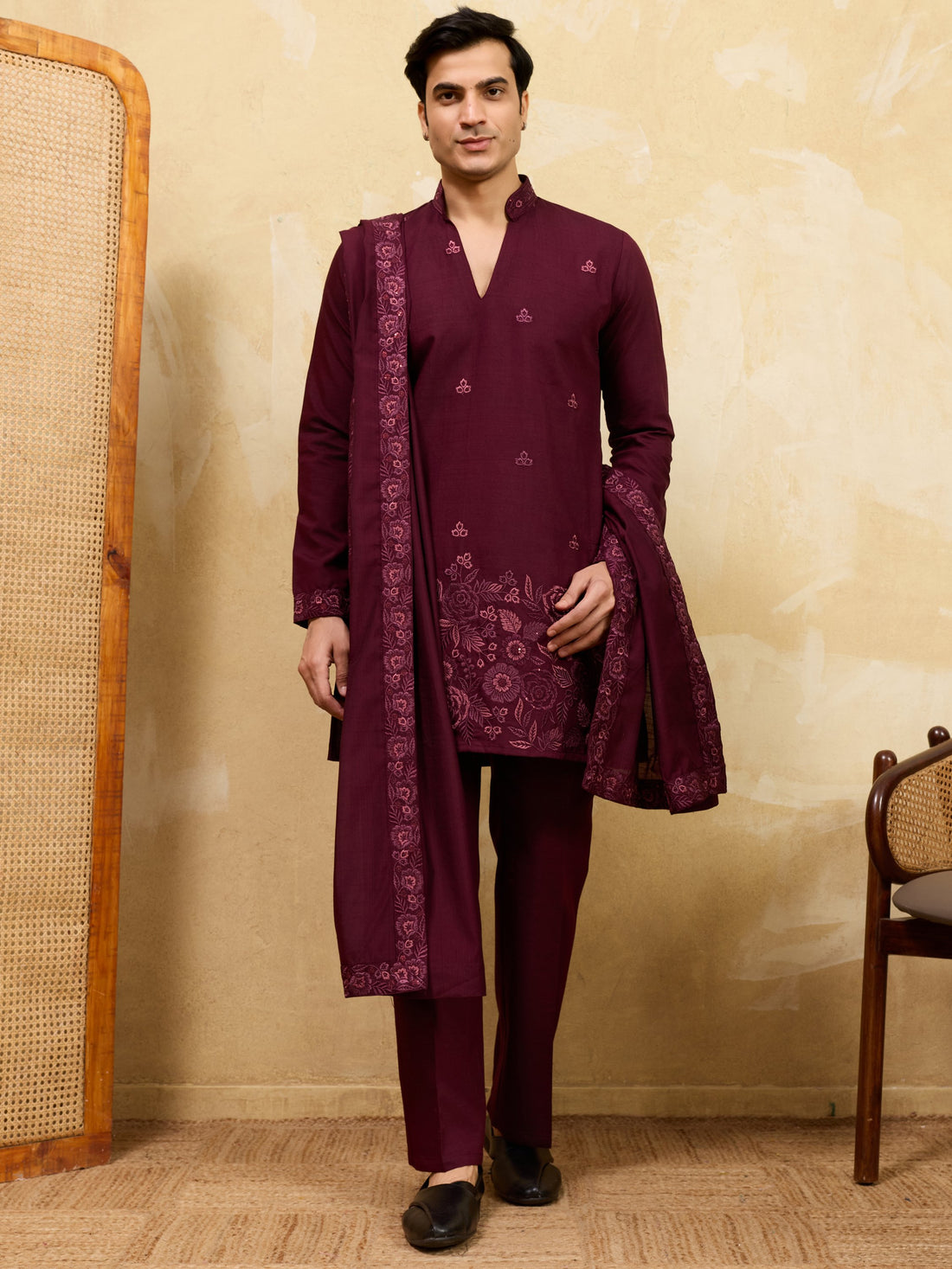 Stunning Maroon Thread Work Viscose Silk Wedding Wear Men's Kurta With Dupatta
