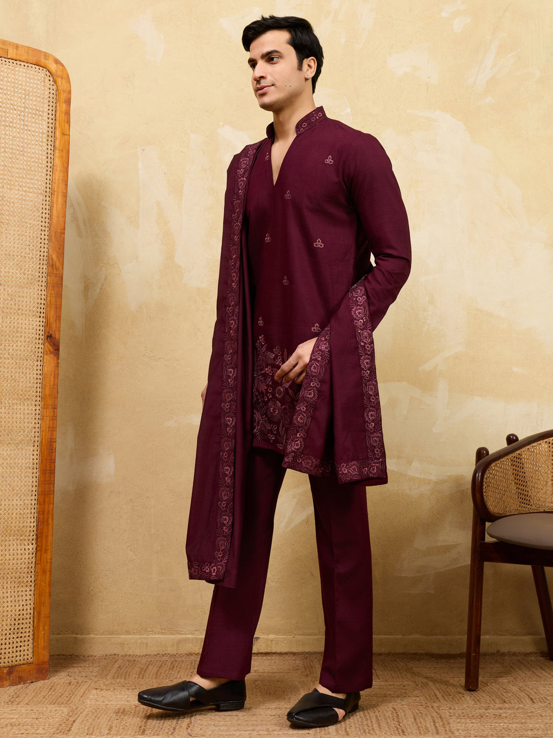 Stunning Maroon Thread Work Viscose Silk Wedding Wear Men's Kurta With Dupatta