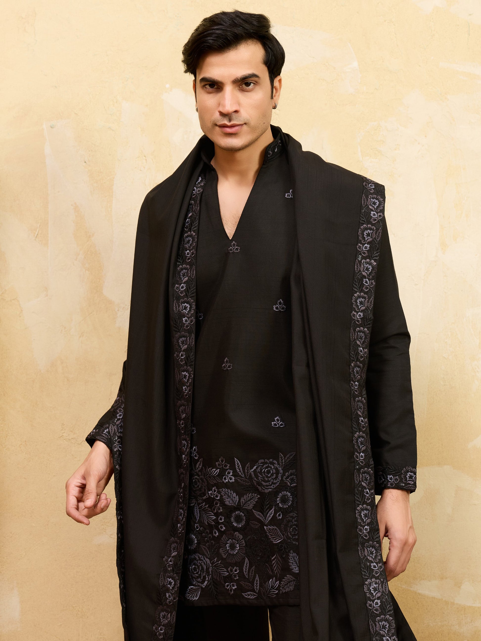 Superb Black Sequins Viscose Silk Party Wear Men's Kurta With Dupatta