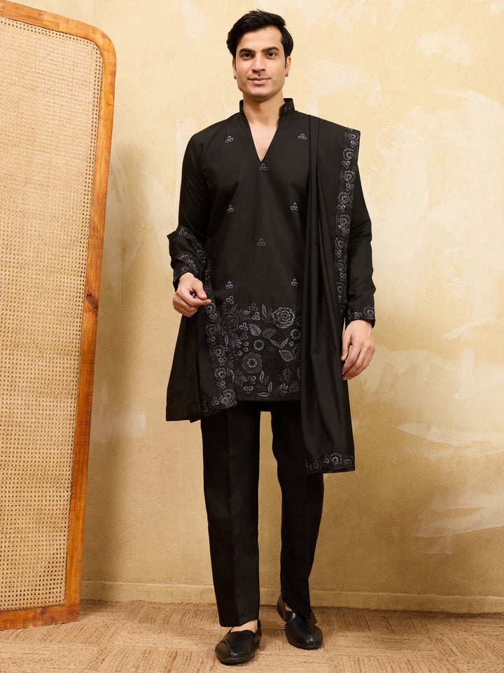 Superb Black Sequins Viscose Silk Party Wear Men's Kurta With Dupatta