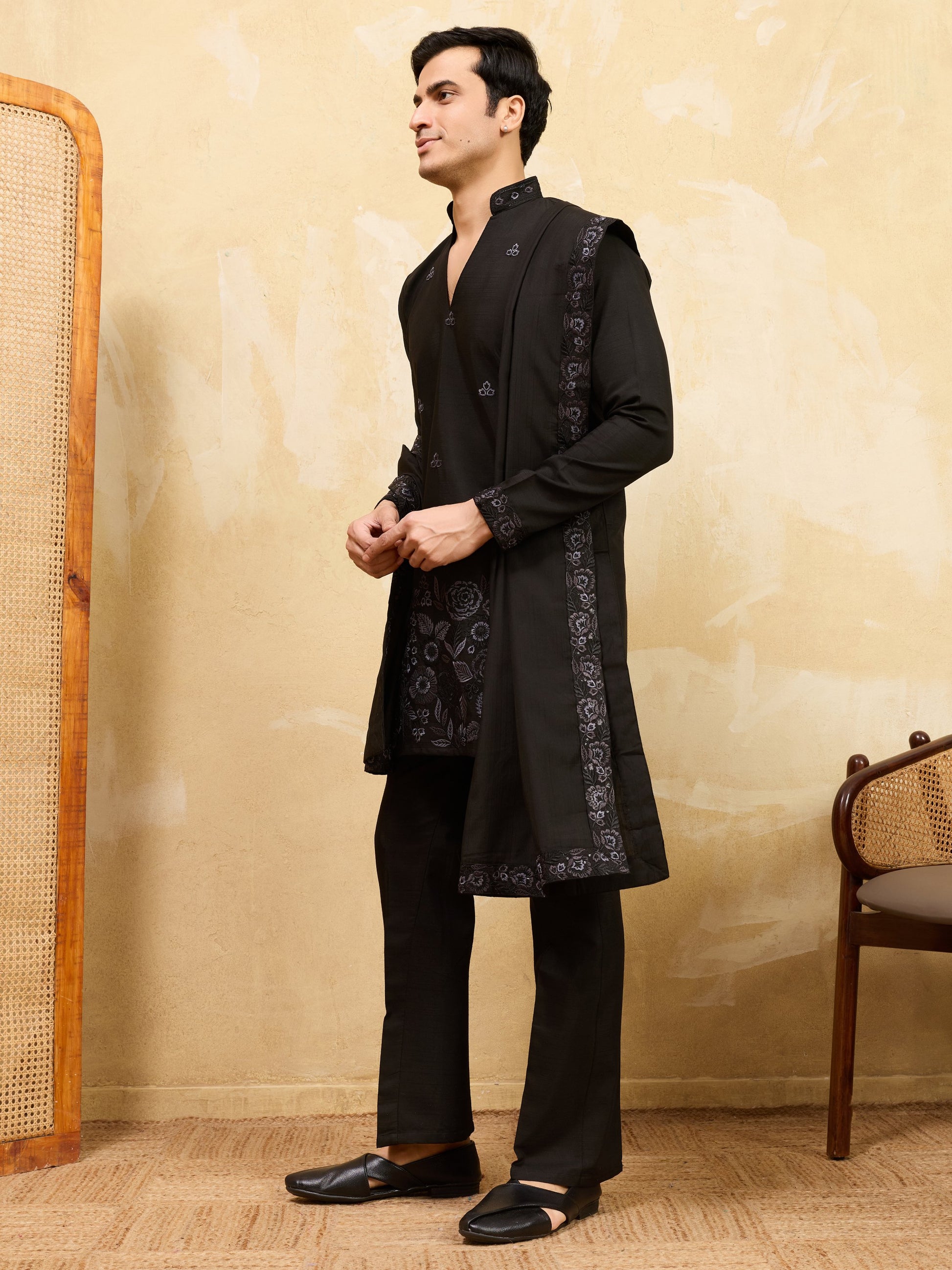 Superb Black Sequins Viscose Silk Party Wear Men's Kurta With Dupatta