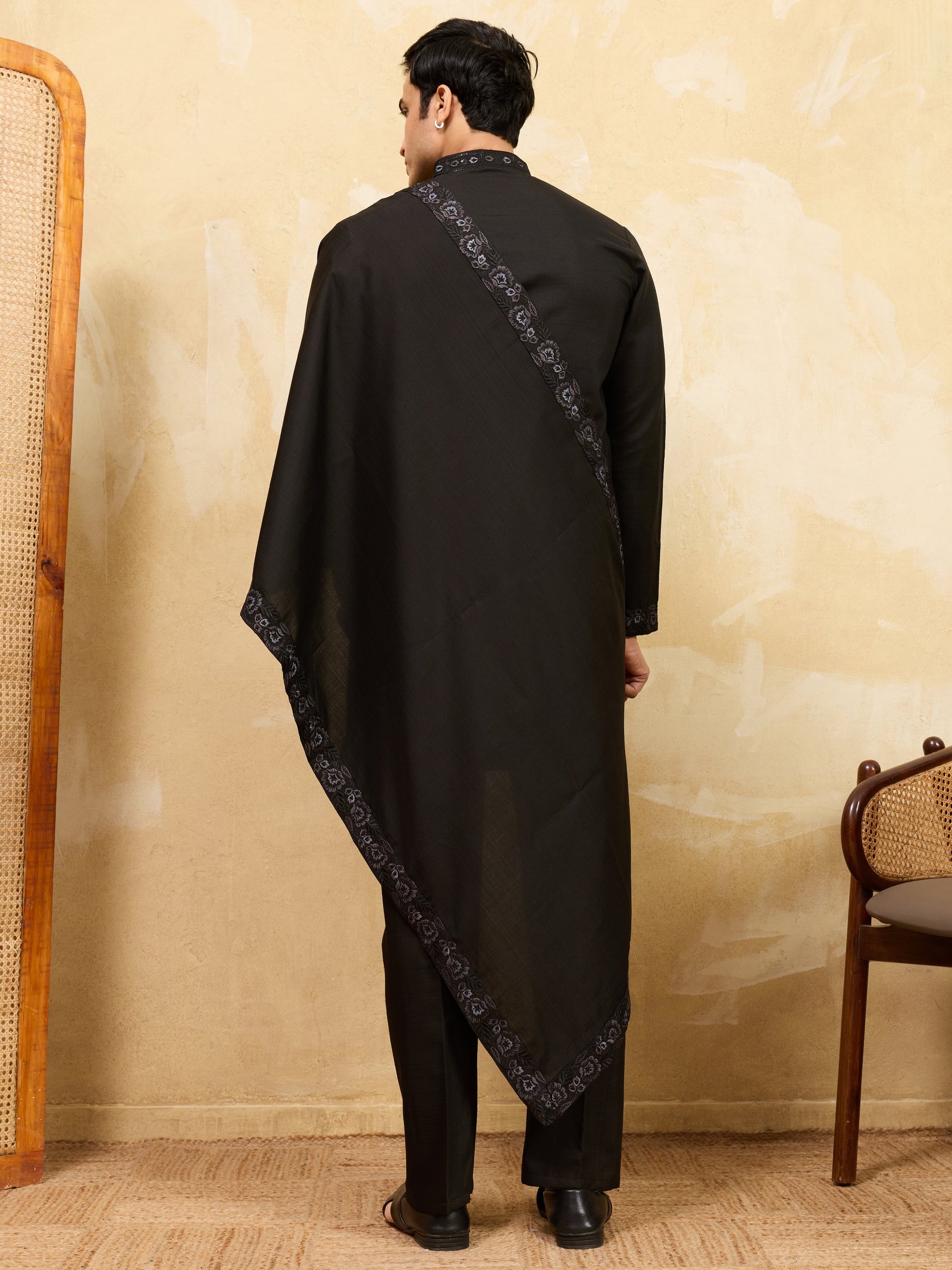 Superb Black Sequins Viscose Silk Party Wear Men's Kurta With Dupatta