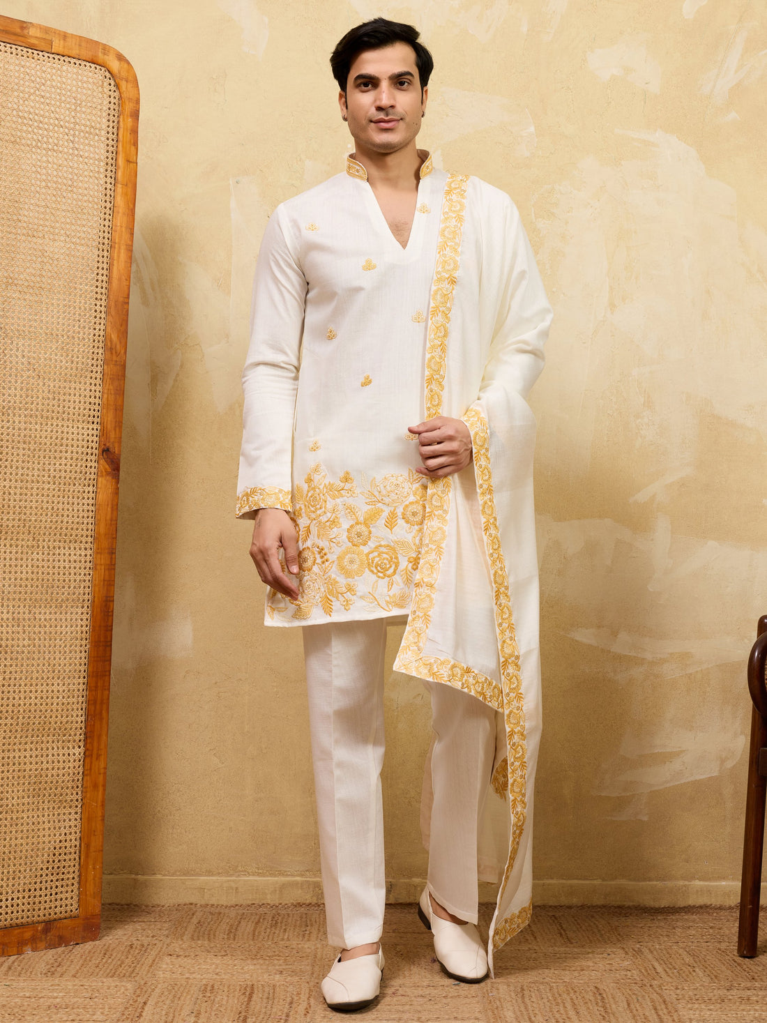 Lavishing White Floral Embroidery Viscose Silk Haldi Wear Men's Kurta With Dupatta