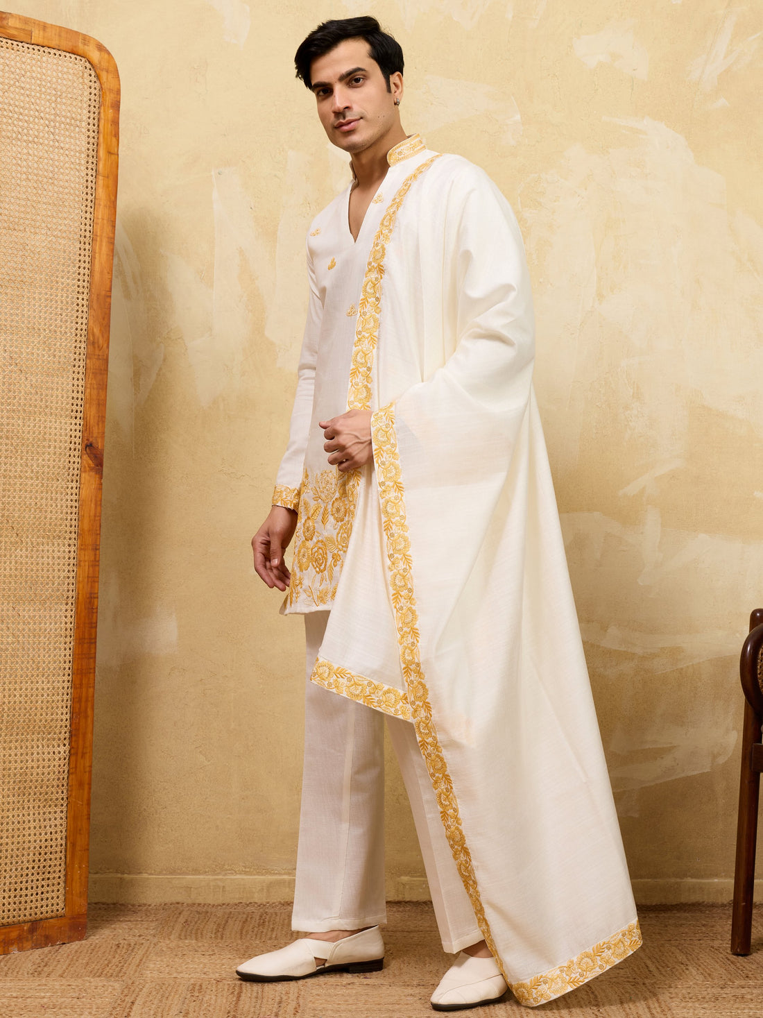 Lavishing White Floral Embroidery Viscose Silk Haldi Wear Men's Kurta With Dupatta