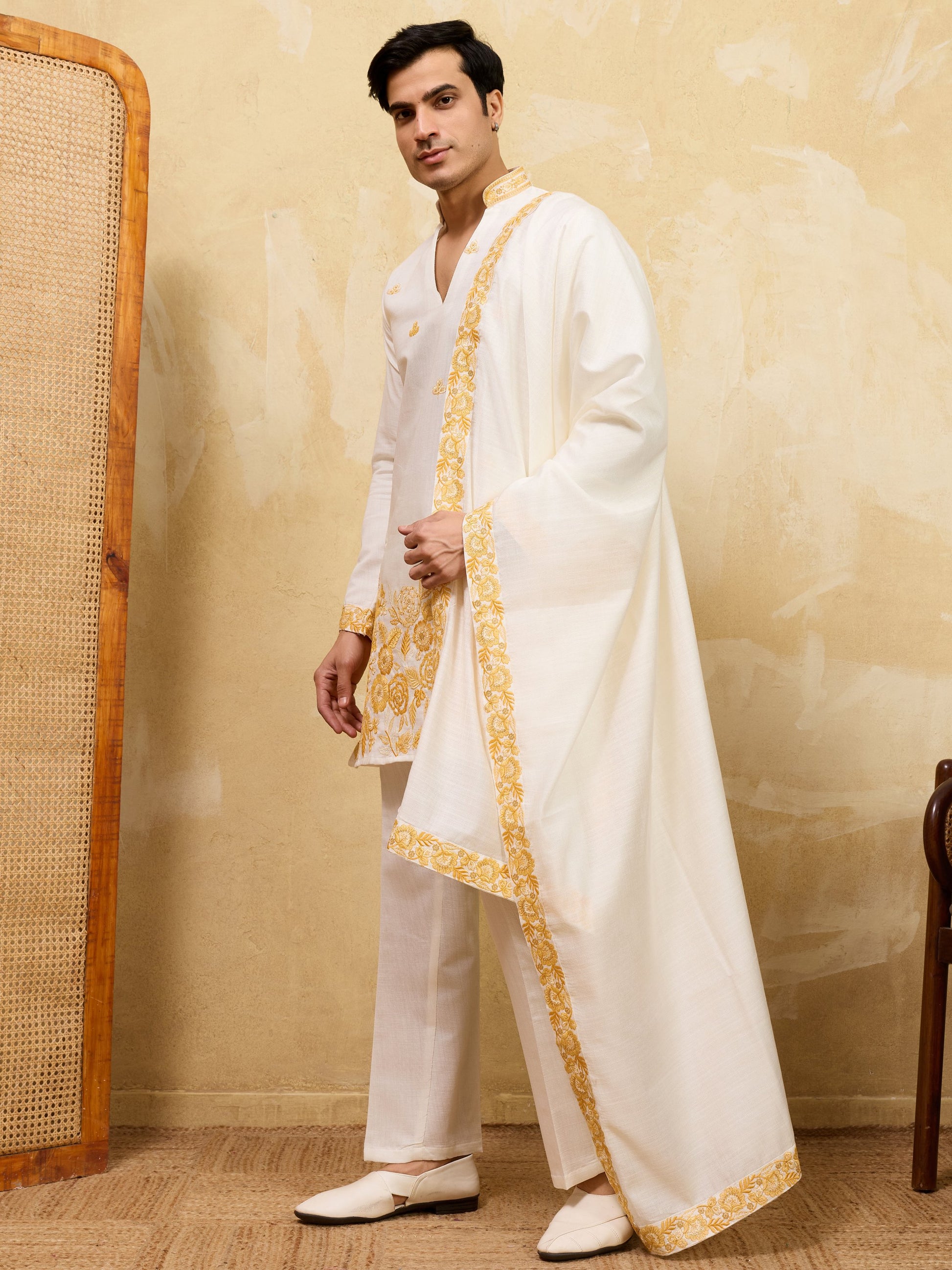 Lavishing White Floral Embroidery Viscose Silk Haldi Wear Men's Kurta With Dupatta
