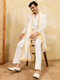 Lavishing White Floral Embroidery Viscose Silk Haldi Wear Men's Kurta With Dupatta