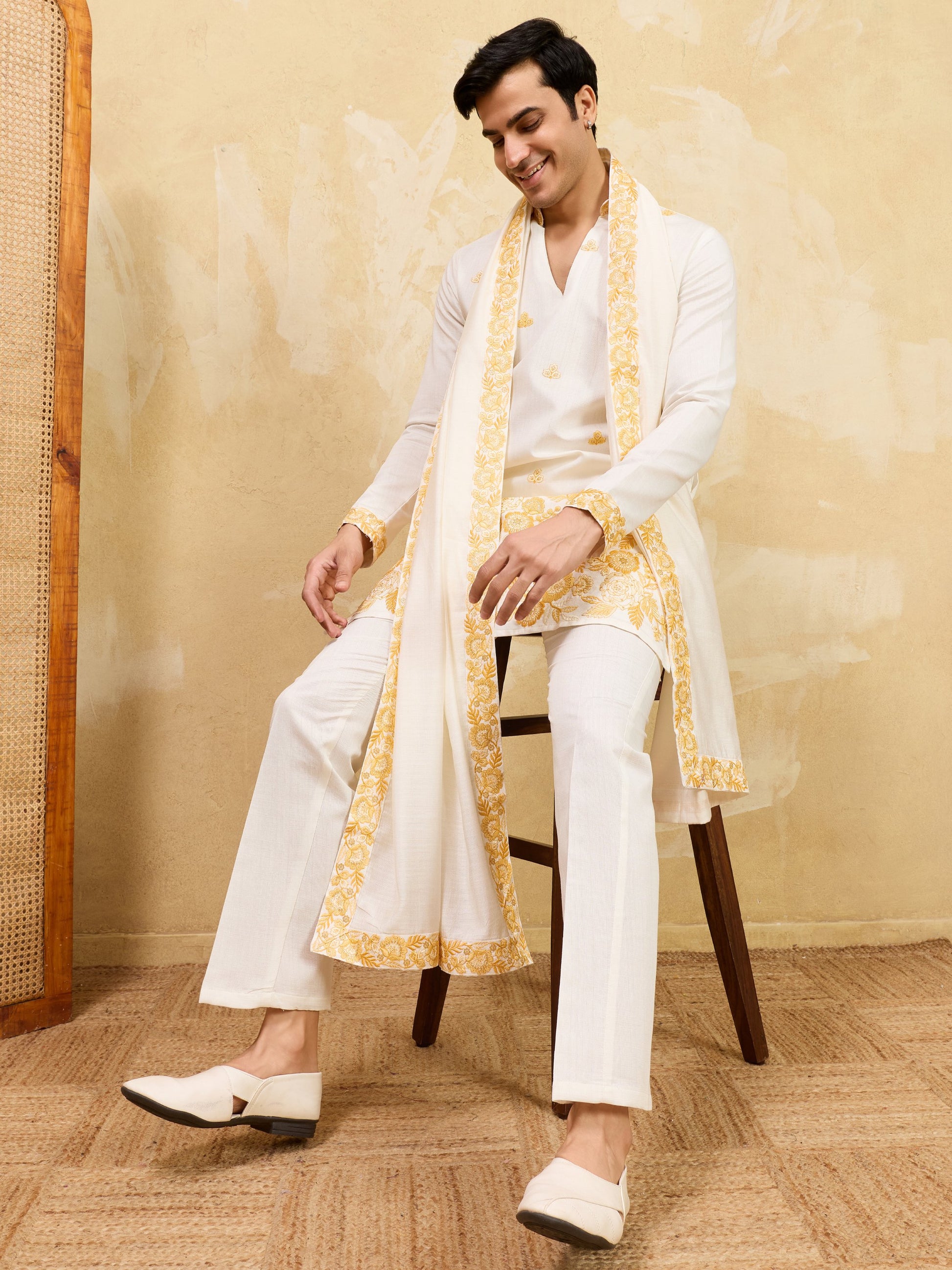 Lavishing White Floral Embroidery Viscose Silk Haldi Wear Men's Kurta With Dupatta