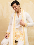 Lavishing White Floral Embroidery Viscose Silk Haldi Wear Men's Kurta With Dupatta
