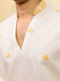 Lavishing White Floral Embroidery Viscose Silk Haldi Wear Men's Kurta With Dupatta