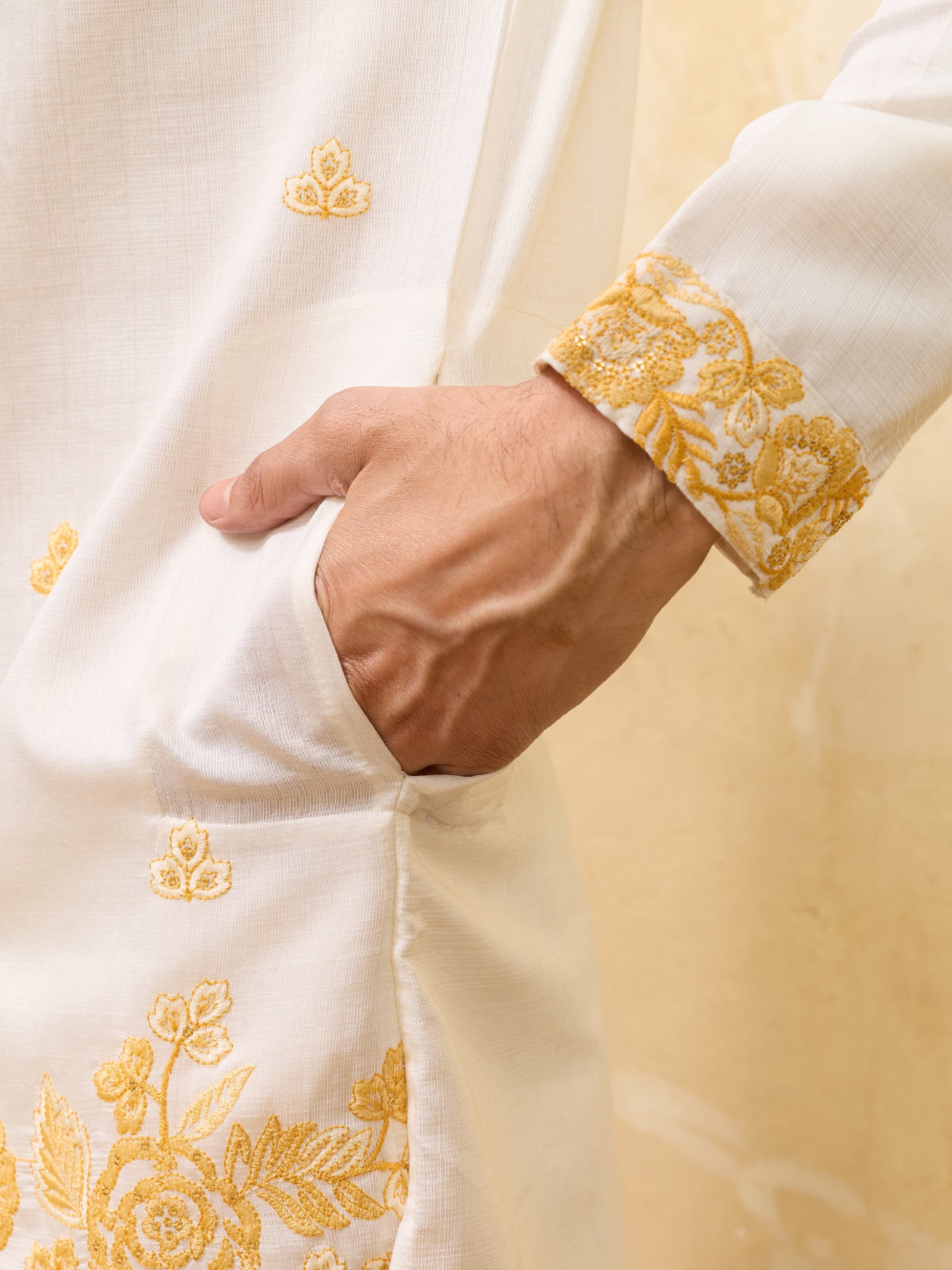 Lavishing White Floral Embroidery Viscose Silk Haldi Wear Men's Kurta With Dupatta