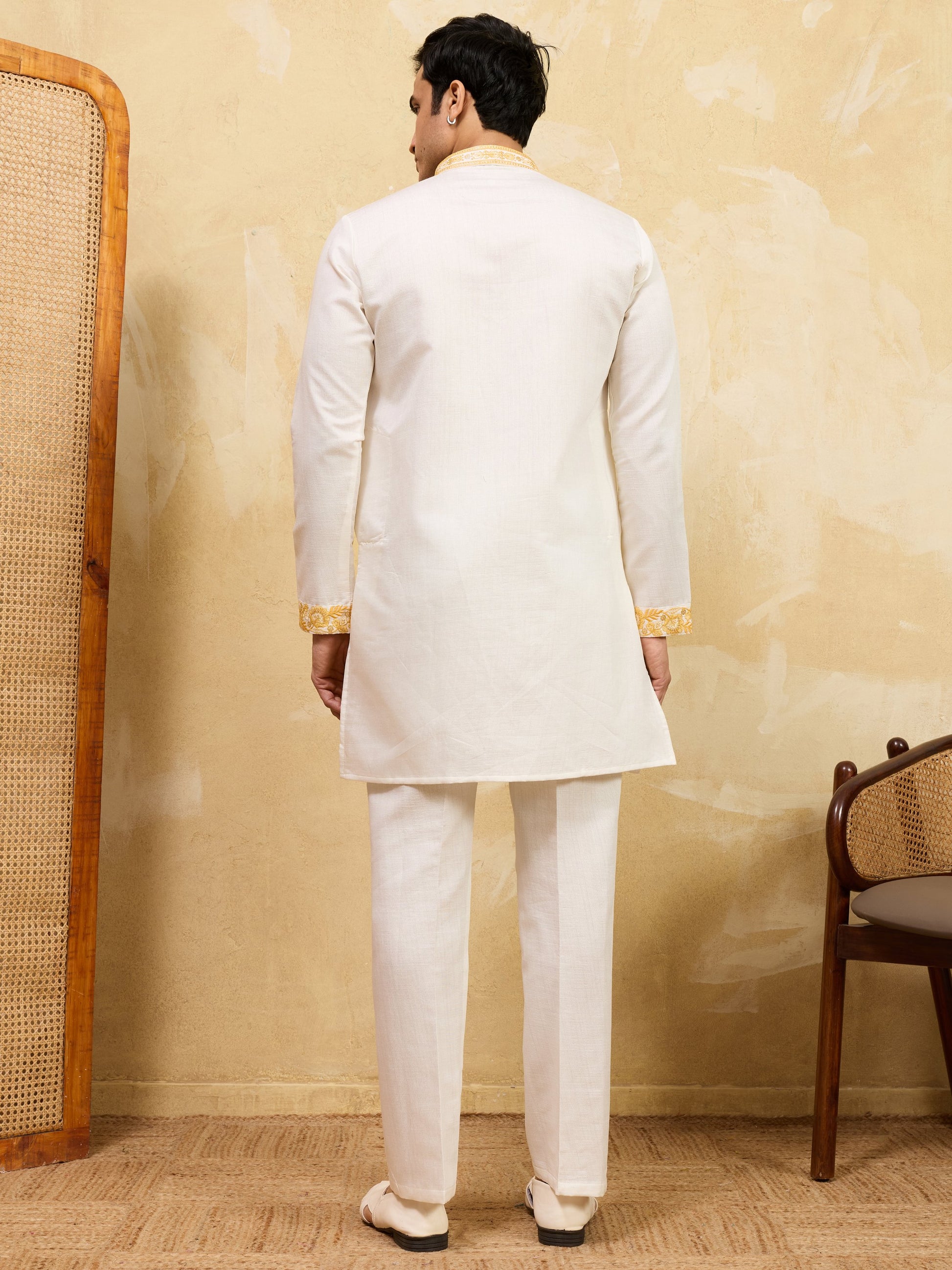 Lavishing White Floral Embroidery Viscose Silk Haldi Wear Men's Kurta With Dupatta