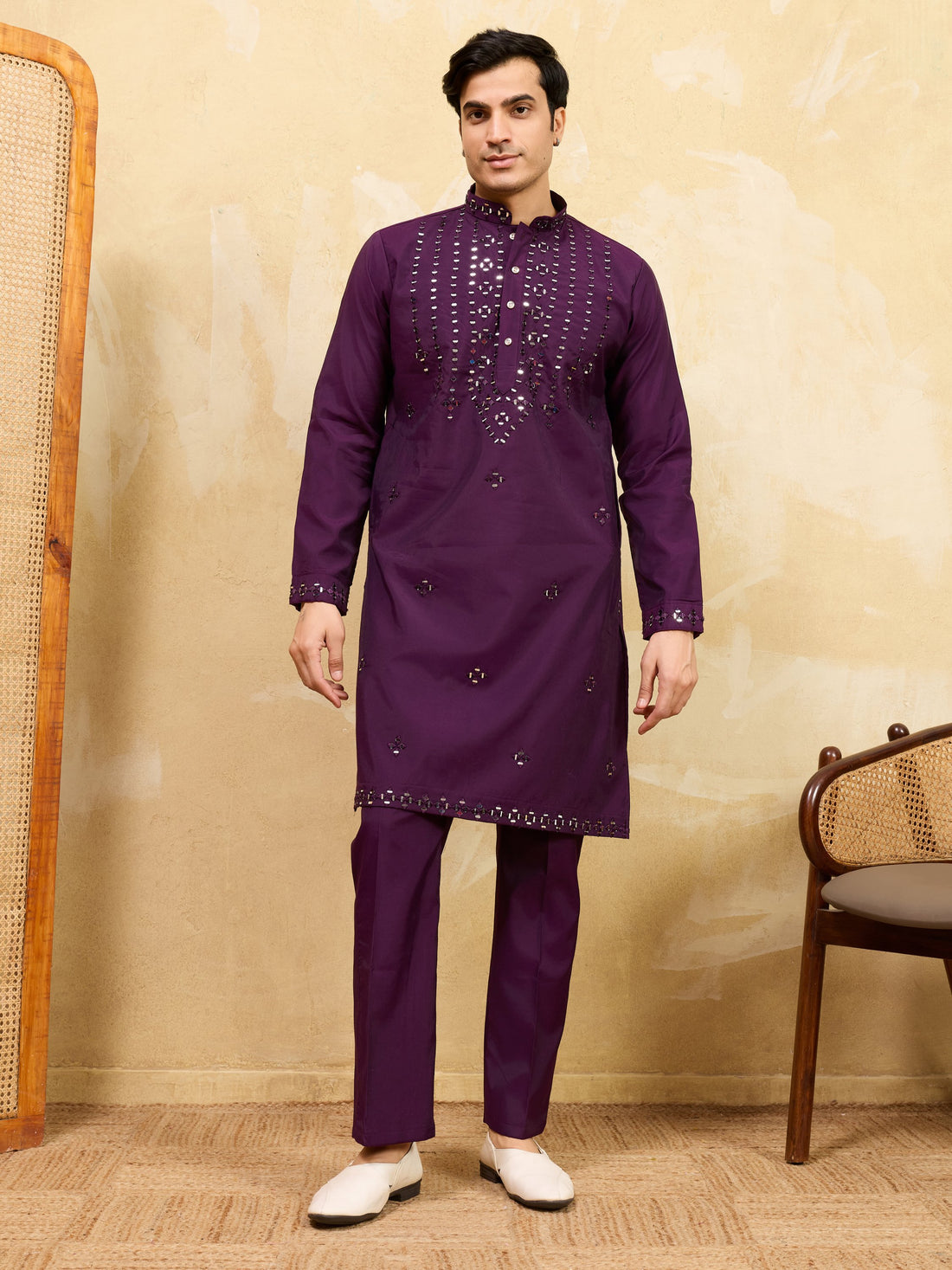Terrific Wine Mirror Work Viscose Silk Festive Special Men's Kurta