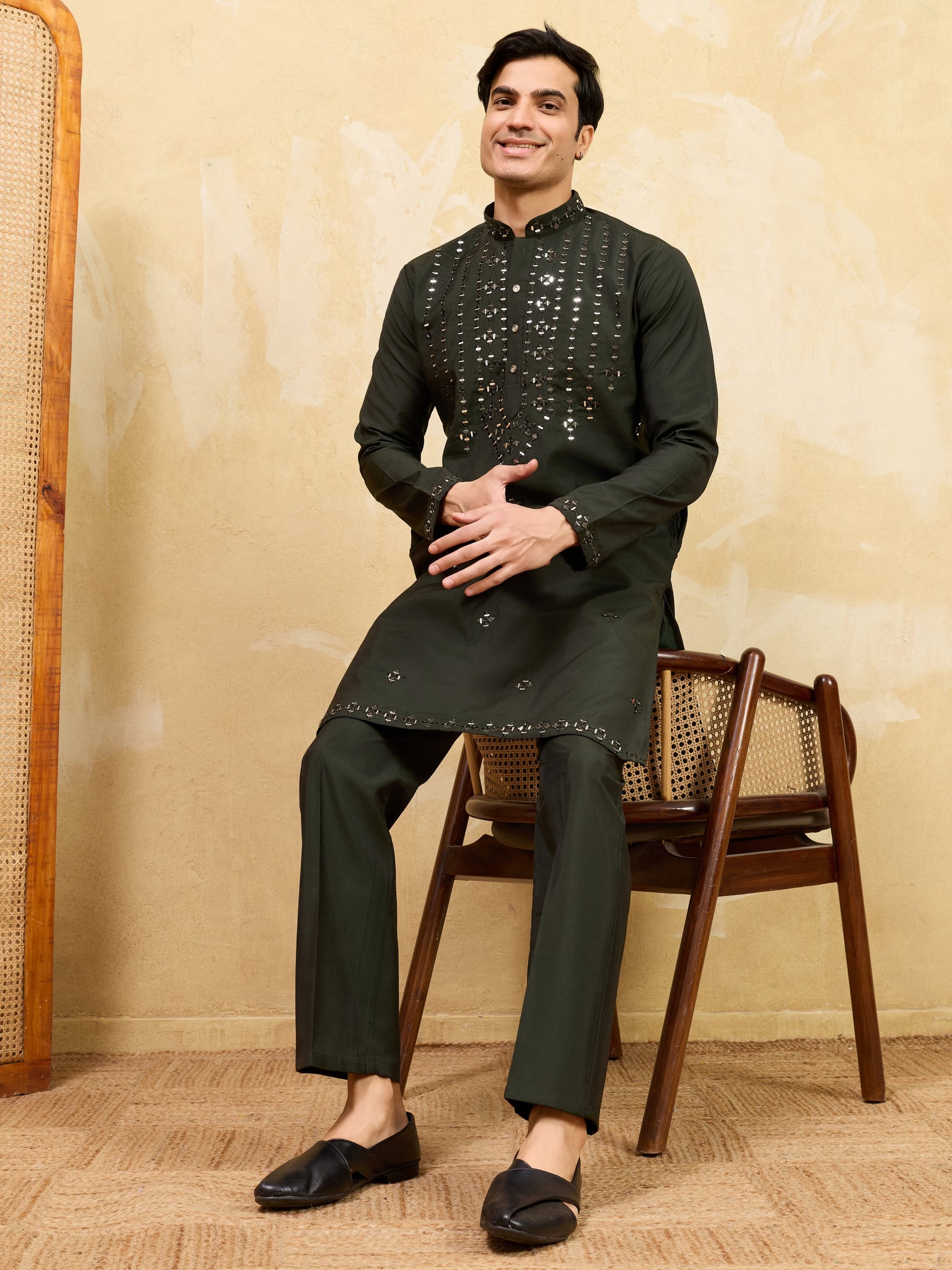 Fantabulous Black Thread Work Viscose Silk Eid Special Men's Kurta
