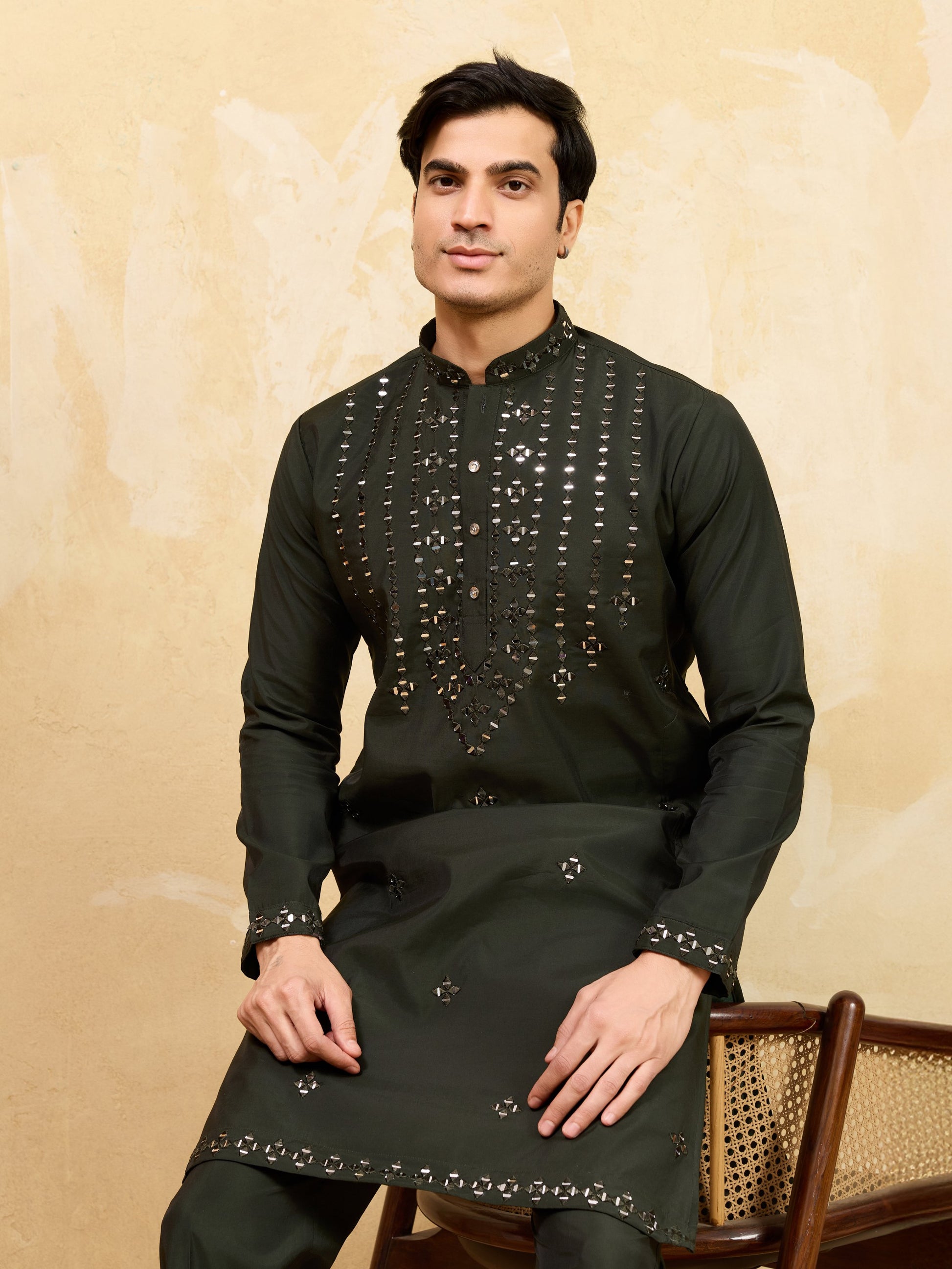 Fantabulous Black Thread Work Viscose Silk Eid Special Men's Kurta